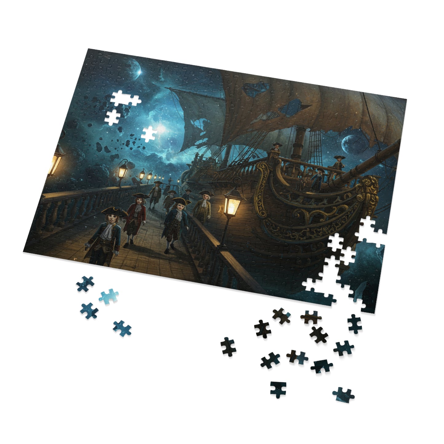 Fantasy Night Ship Jigsaw Puzzle Moonlit Sky and Lantern Deck Scene
