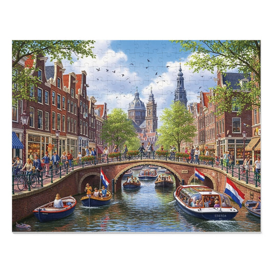 European Canal City Jigsaw Puzzle Scenic Bridge and Boat Scene