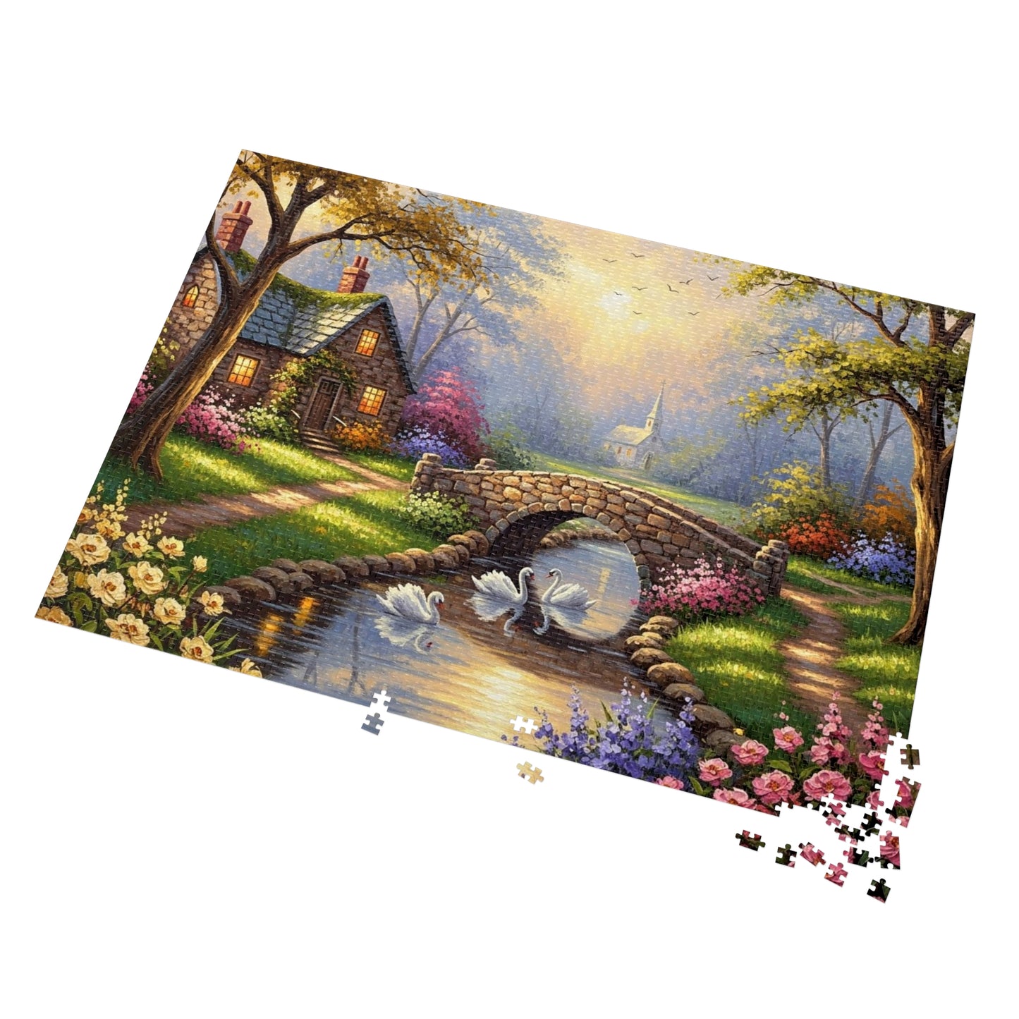 Spring Swan Bridge Cottage Puzzle | Flower Garden, Stone Bridge, Peaceful Countryside Scene