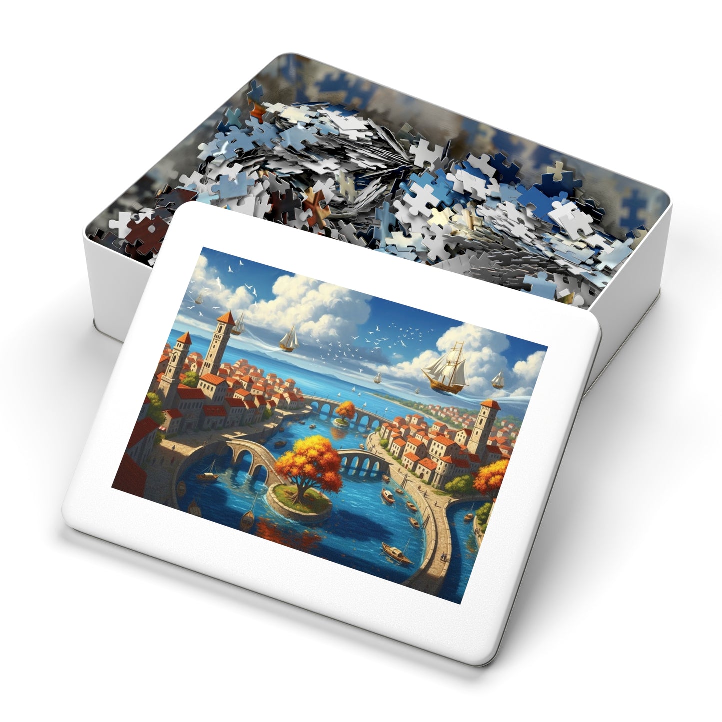 Floating Ships Over the Canal City, Coastal Town, Sailing Ships & Bridge Jigsaw Puzzle ✨