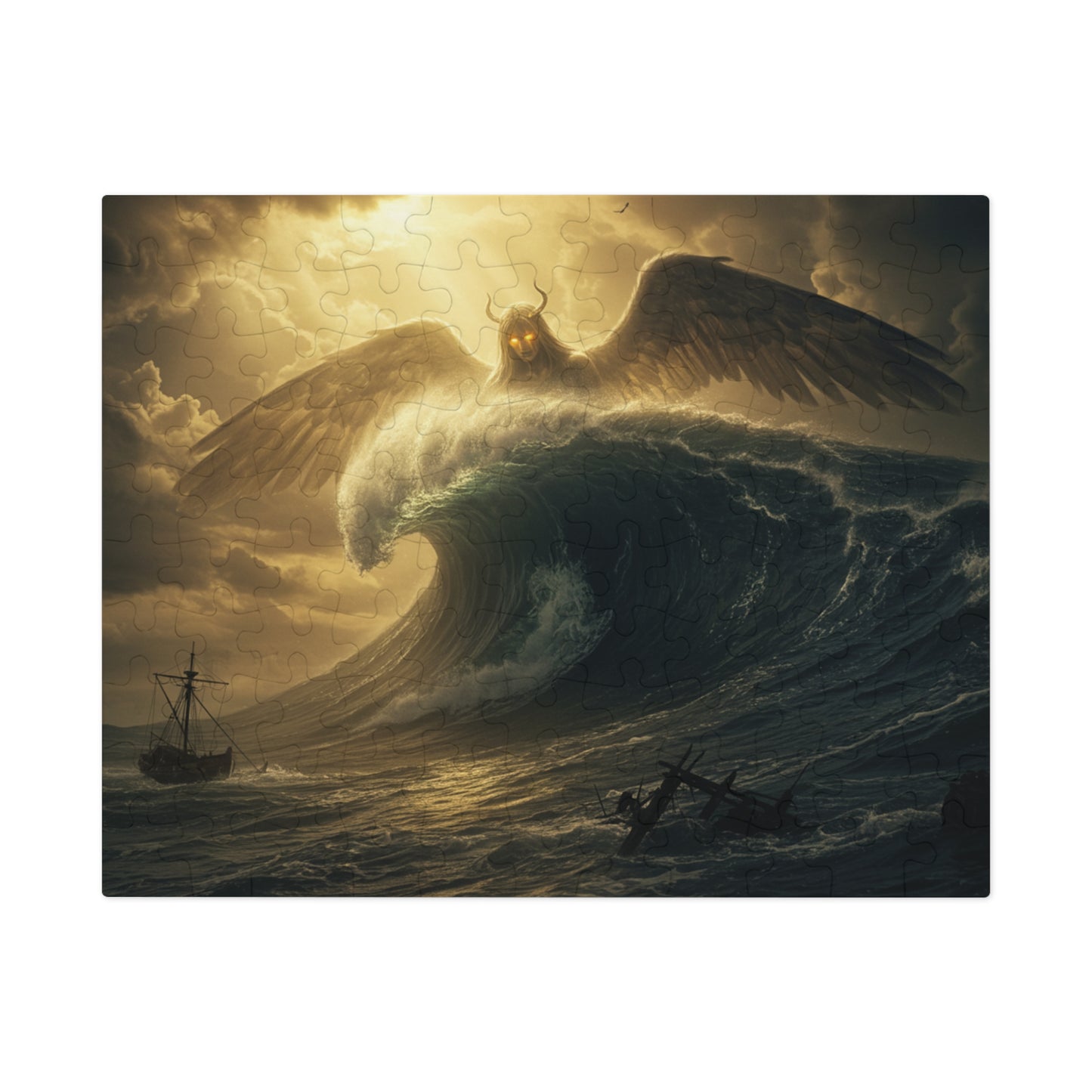 110, 252, 500, 1000, 2000 Mythic Sea Angel Rising | Stormy Ocean Wave Fantasy Art | Shipwreck & Light Beams | Surreal Winged Creature Wall Decor, Fantasy Jigsaw Puzzle with Tin