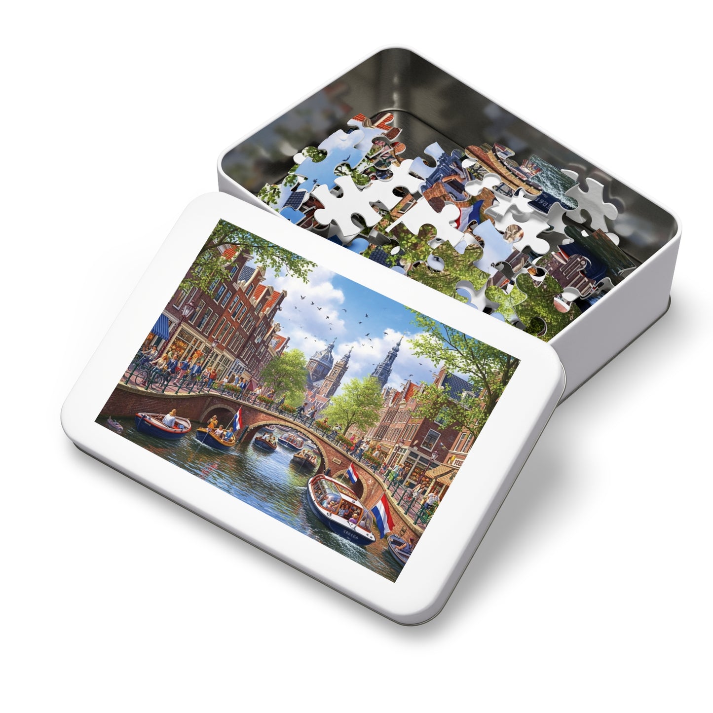European Canal City Jigsaw Puzzle Scenic Bridge and Boat Scene