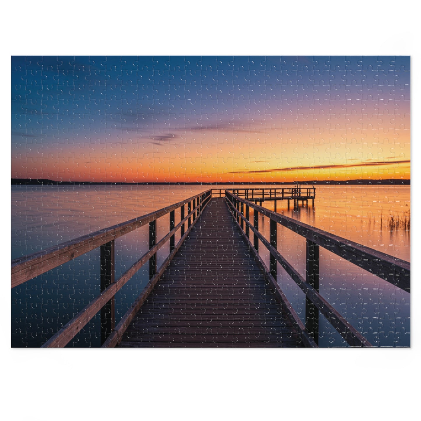 Sunset Jigsaw Puzzle with Tin, Boardwalk Sunset Puzzle – Soothing Waterscape Jigsaw for Relaxation, Peaceful Sunset Landscape Puzzle