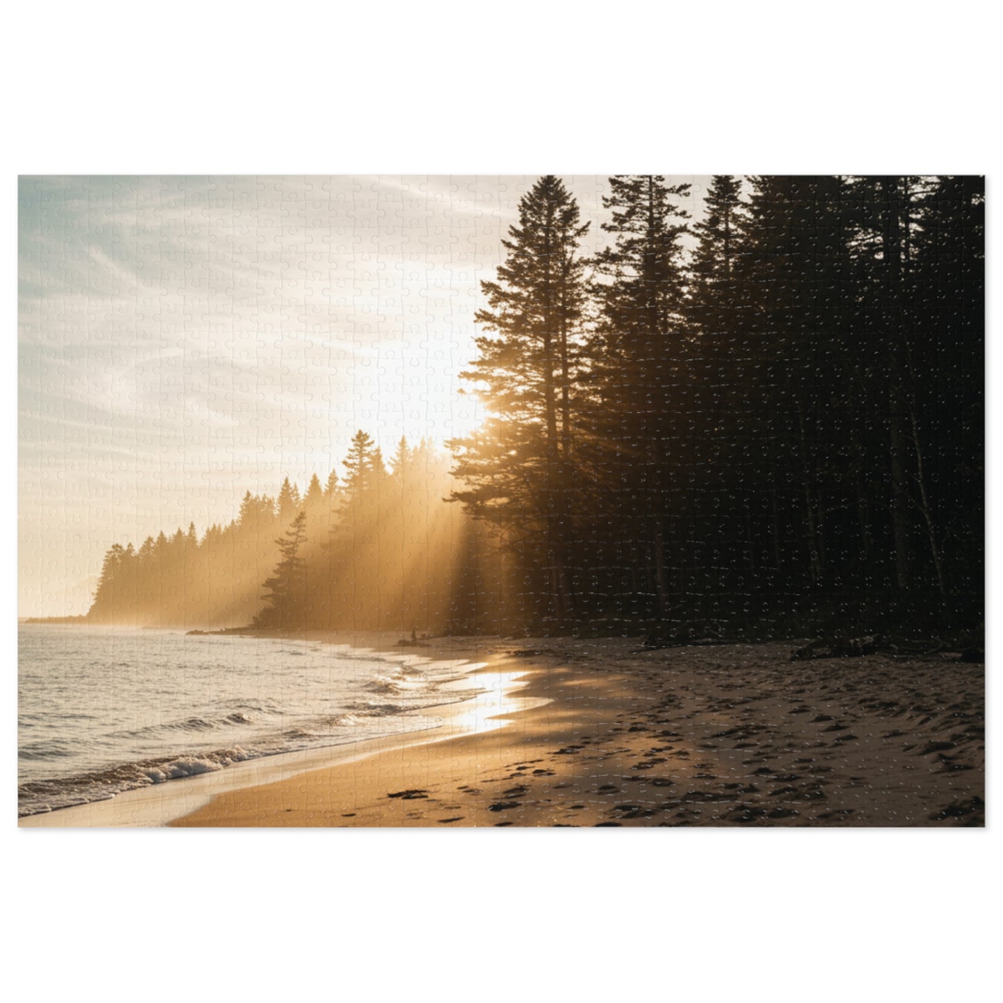 Forest Beach Sunset Jigsaw Puzzle (252–2000 pcs),  Warm Sunset, Trees & Sand Path, Forest Coastline and Sunbeams, Premium Tin Gift,  Footprints in Sand