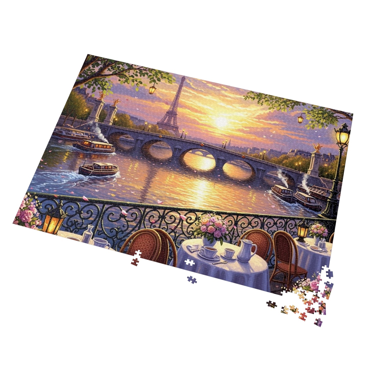 Eiffel Tower Sunset Over the Seine Puzzle | Paris Café Terrace Artwork