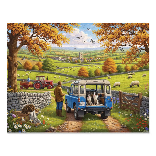 Autumn Countryside Farm Jigsaw Puzzle with Dogs, Tractor & Village