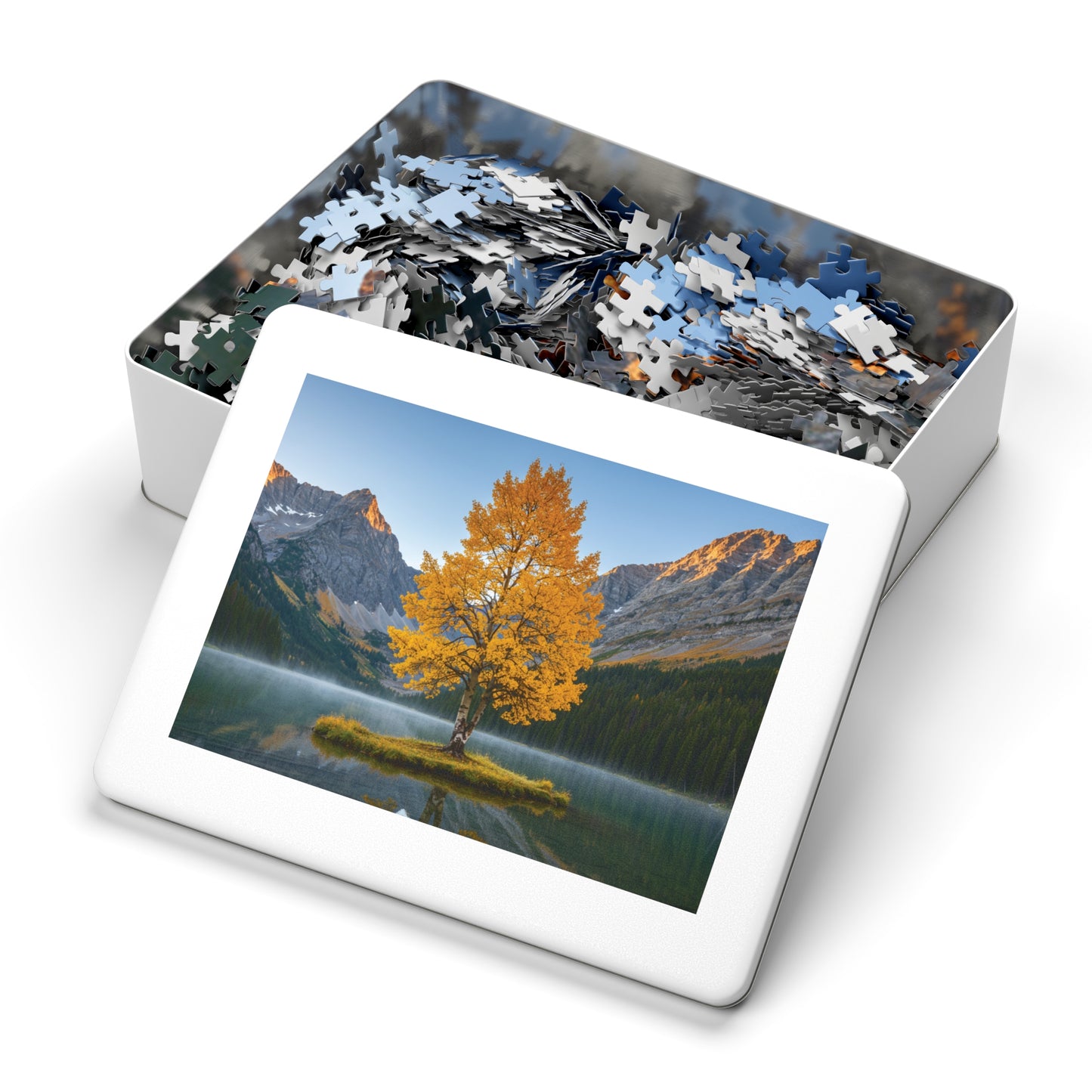 110, 252, 500, 1000, 2000 Autumn Landscape Jigsaw Puzzle with Tin, Golden Autumn Tree Lake Puzzle, Autumn Tree & Calm Waters, Misty Lake and Rocky Peaks Jigsaw