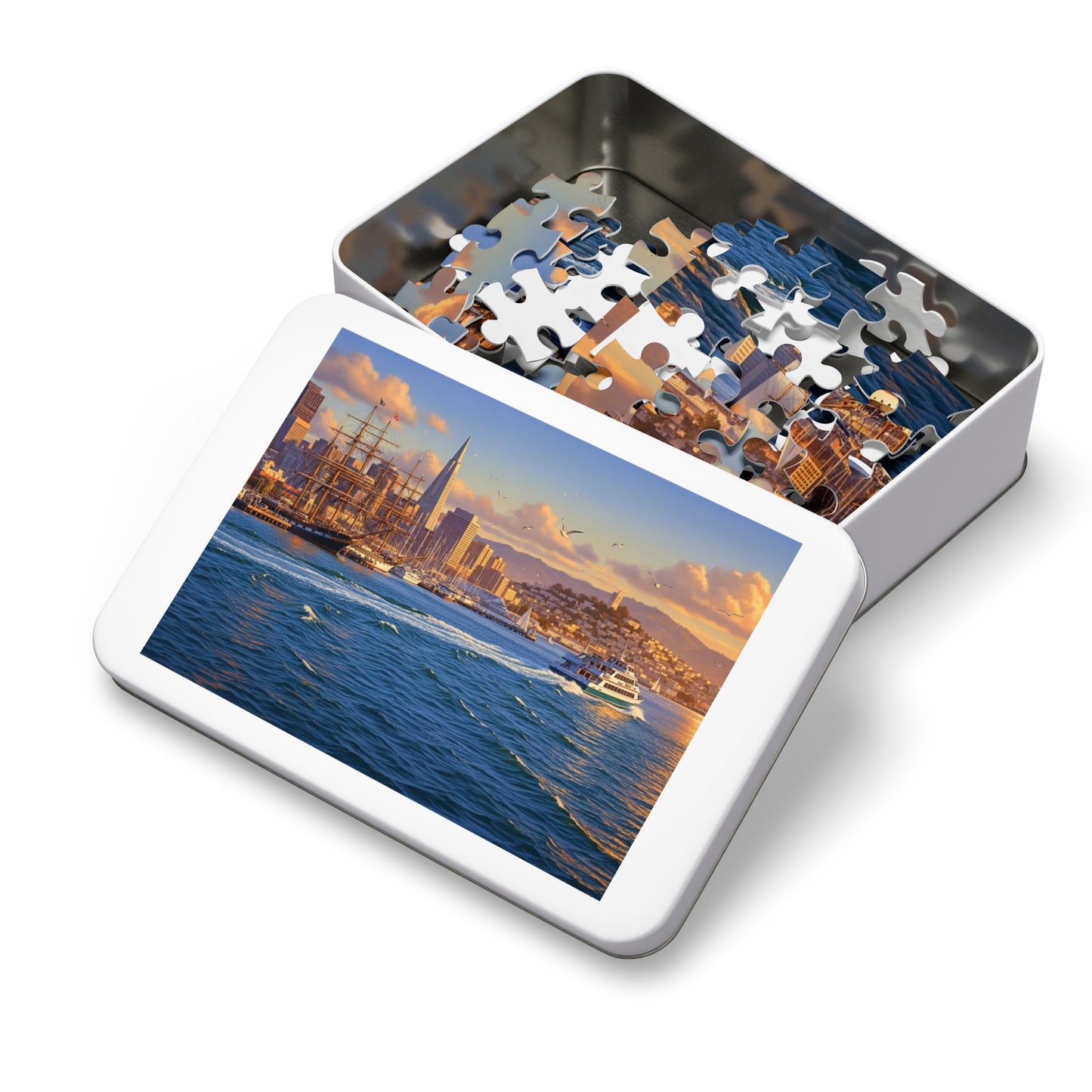 Coastal City at Sunset Jigsaw Puzzle | Nautical Waterfront Art