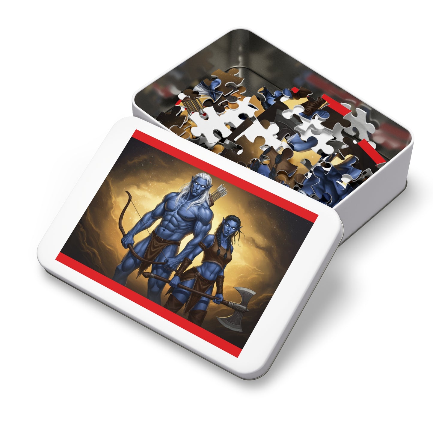 110, 252, 500, 1000, 2000 Blue-Skinned Heroes with Weapons Jigsaw Puzzle, Mythical Battle Duo Puzzle, Legendary Warriors Jigsaw, Heroic Fantasy Fighters Jigsaw