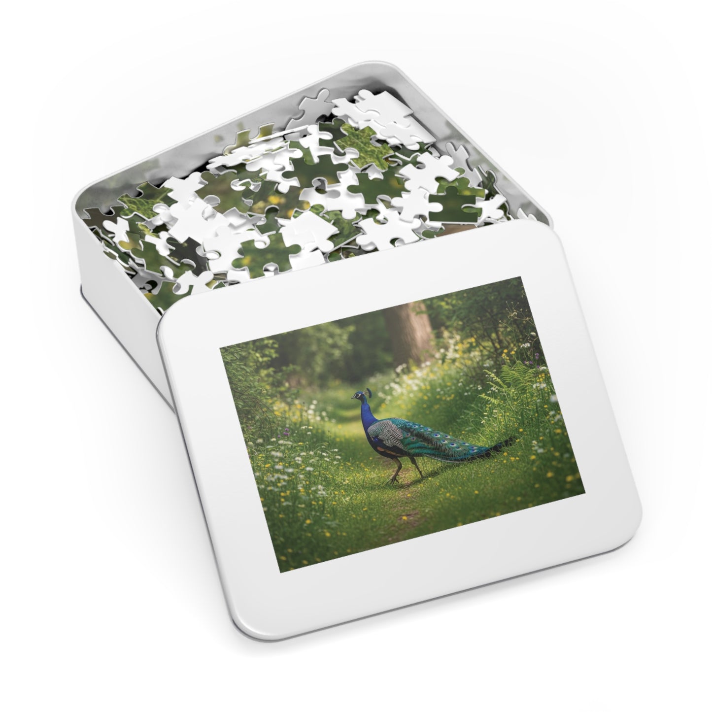 Peacock in Wildflower Garden Jigsaw Puzzle (with Tin) — 500-Piece Nature Puzzle Gift