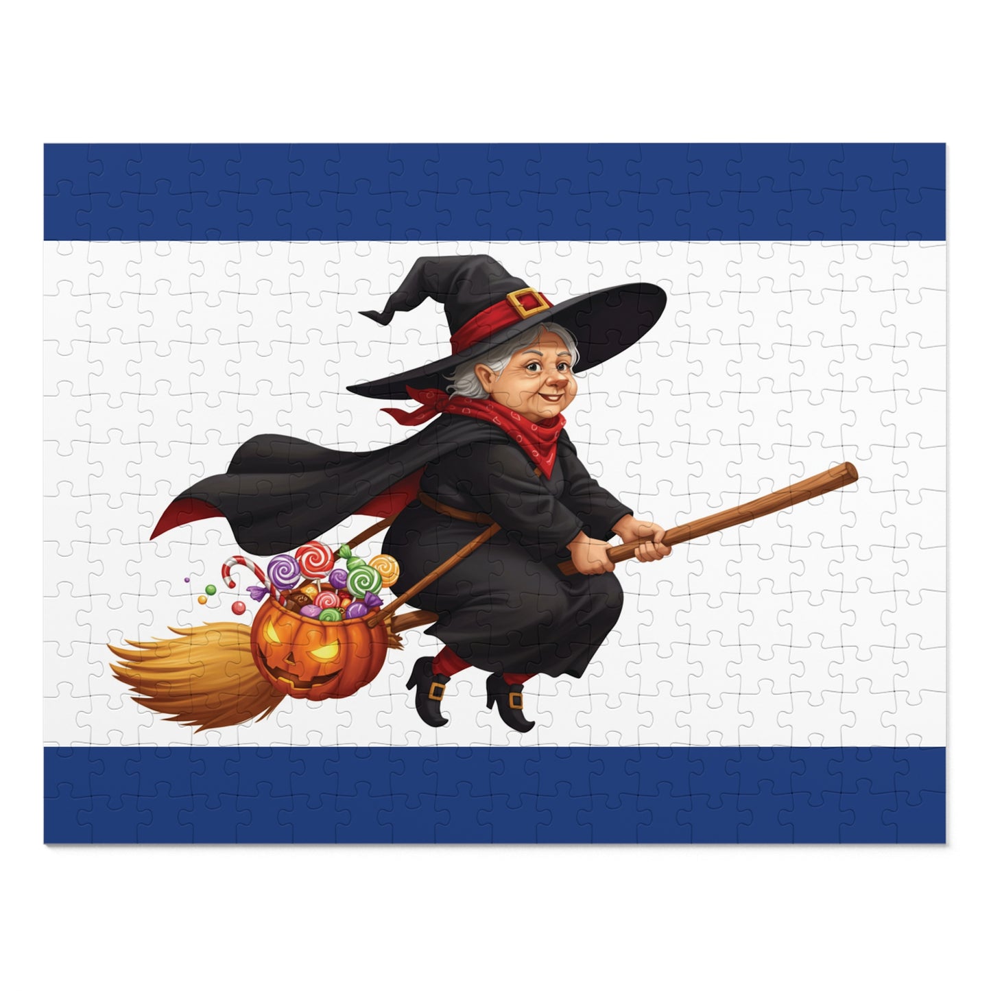 30, 110, 252, 500 Cartoon Witch on Broom Halloween Jigsaw Puzzle – Trick or Treat Theme, Halloween Witch Puzzle, Halloween Candy Pumpkin Art, Broomstick Ride & Sweets