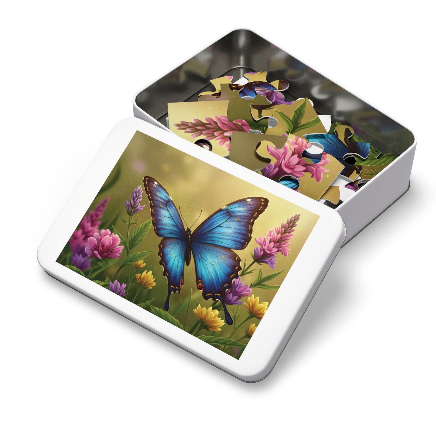 30, 110, 252, 500 | Blue Butterfly Among Spring Wildflowers | Vibrant Garden Scene | Nature Jigsaw Puzzle | Bloom & Wings Puzzle Art | Butterfly Blossom Jigsaw Puzzle with Tin