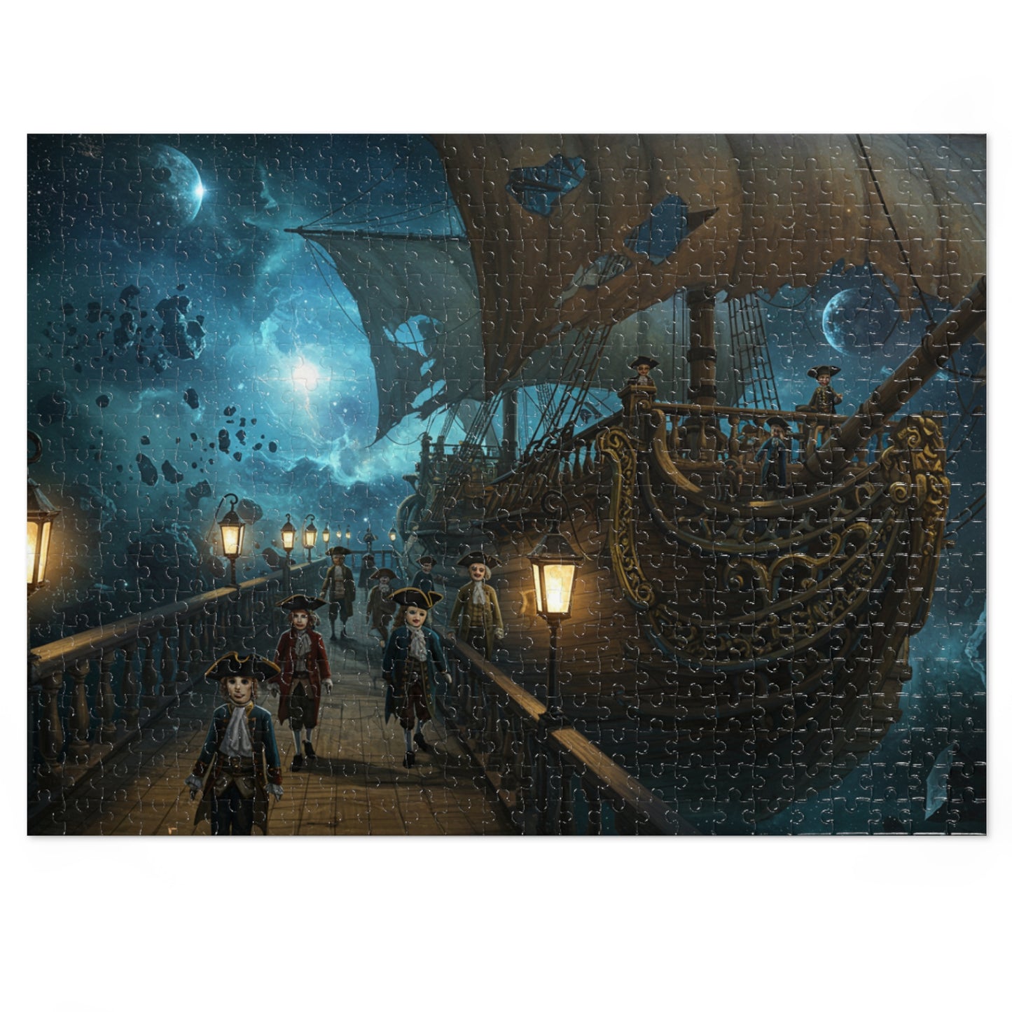 Fantasy Night Ship Jigsaw Puzzle Moonlit Sky and Lantern Deck Scene