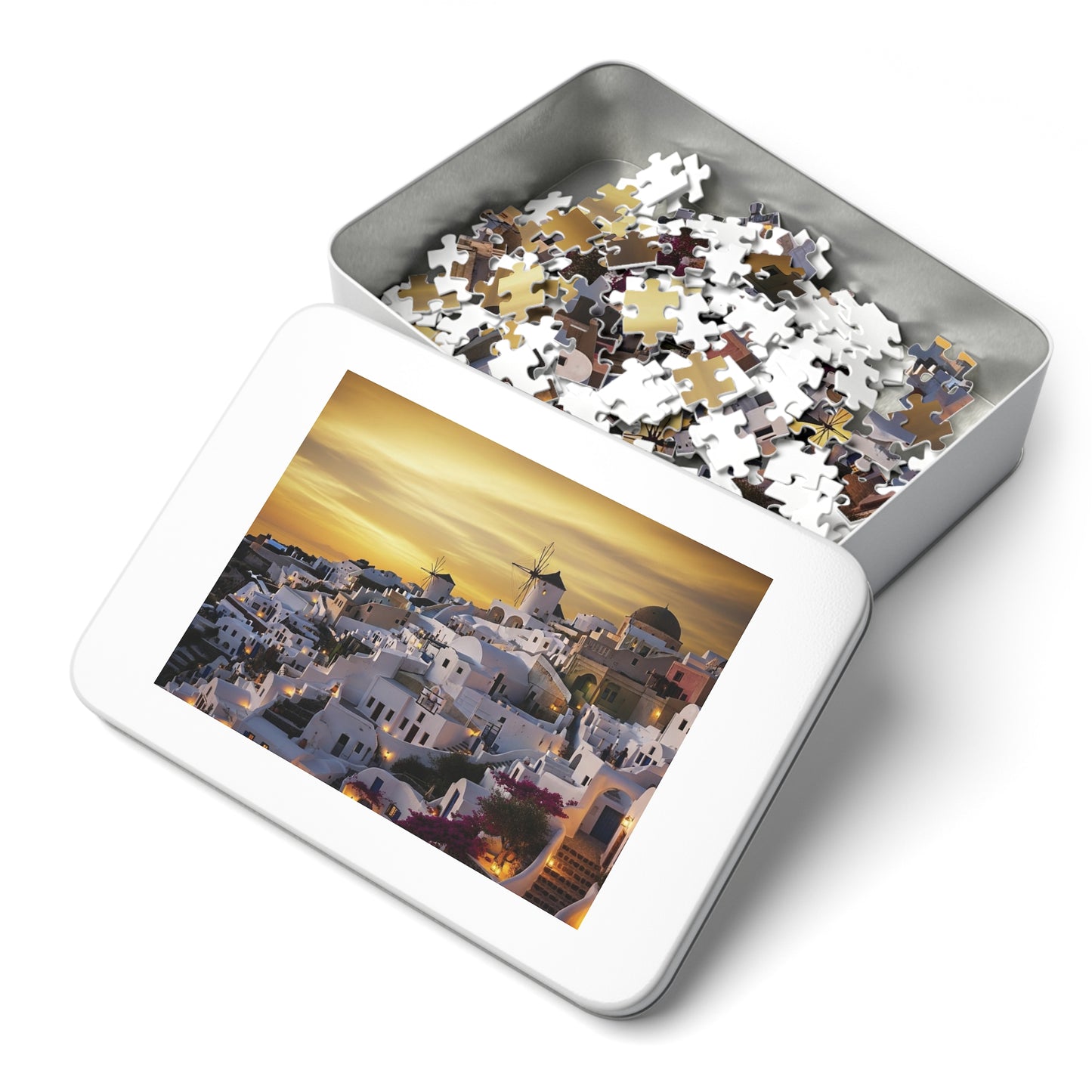 Santorini Sunset Village Jigsaw Puzzle 🌅 Whitewashed Homes, Windmills & Golden Aegean Evening