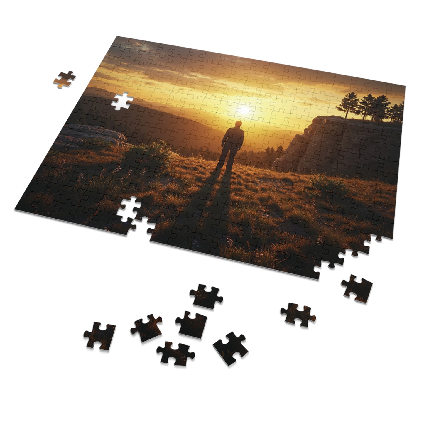252, 500, 1000, 2000 Jigsaw Puzzle| Golden Hour Reflection | Sunset Overlook | Solitary Figure in Nature | Mountain Ridge Glow Jigsaw Puzzle | Scenic Jigsaw Puzzle with Vintage Tin