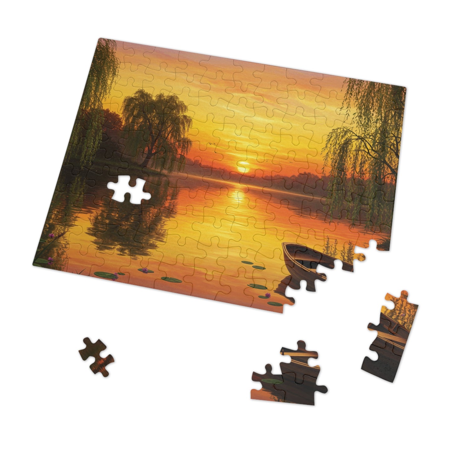 110, 252, 500, 1000, 2000 Golden Sunset Rowboat Puzzle, Sunset Over Still Waters, Boat at Dusk Puzzle, Tranquil Willow Tree Sunset, Golden Hour Reflection Puzzle, Sunset Reflection on Lake Puzzle, Rowboat on Calm Waters Puzzle