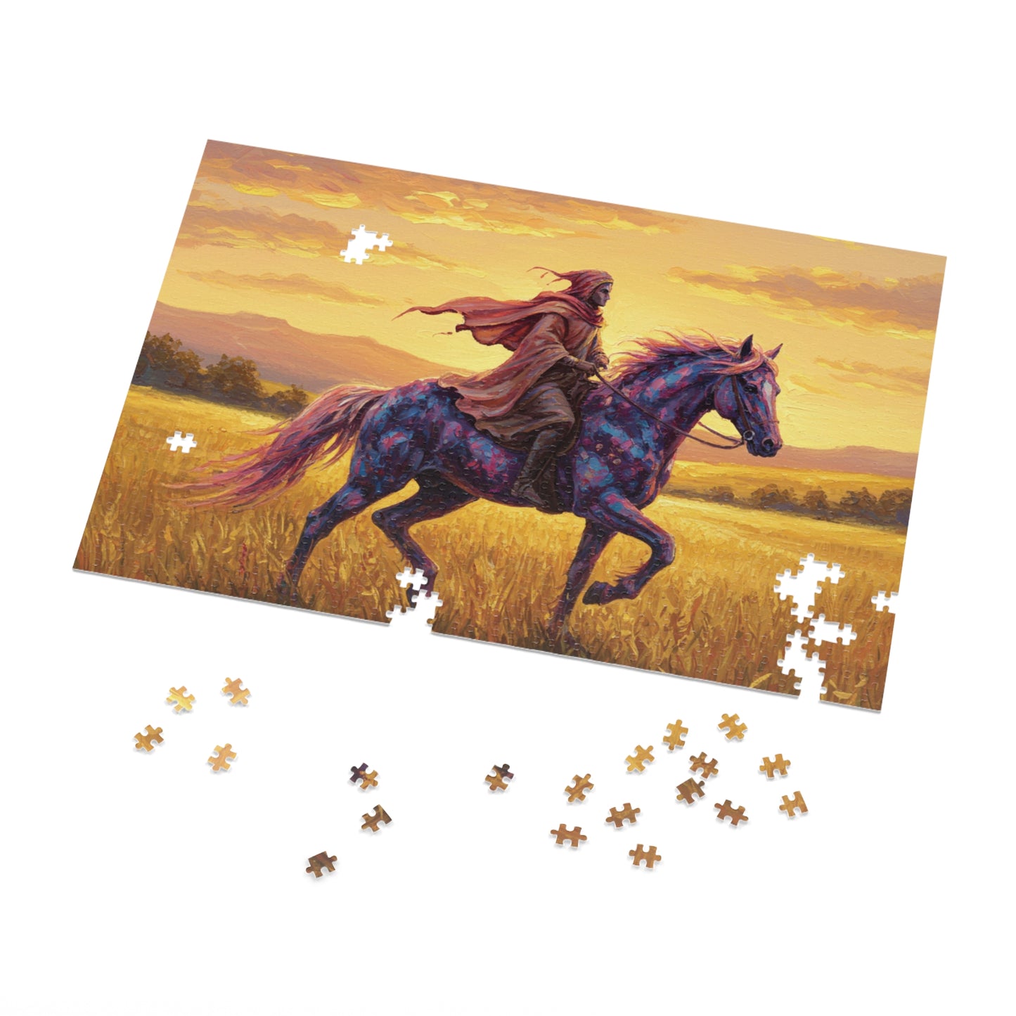 110, 252, 500, 1000, 2000 Jigsaw Puzzle, Mystical Rider Jigsaw Puzzle, Cloaked Rider on Colorful Horse, Epic Sunset Adventure, Premium Puzzle Gift,  Hero on Horse, Golden Field, Fantasy Theme, Vibrant Fantasy Sunset Art