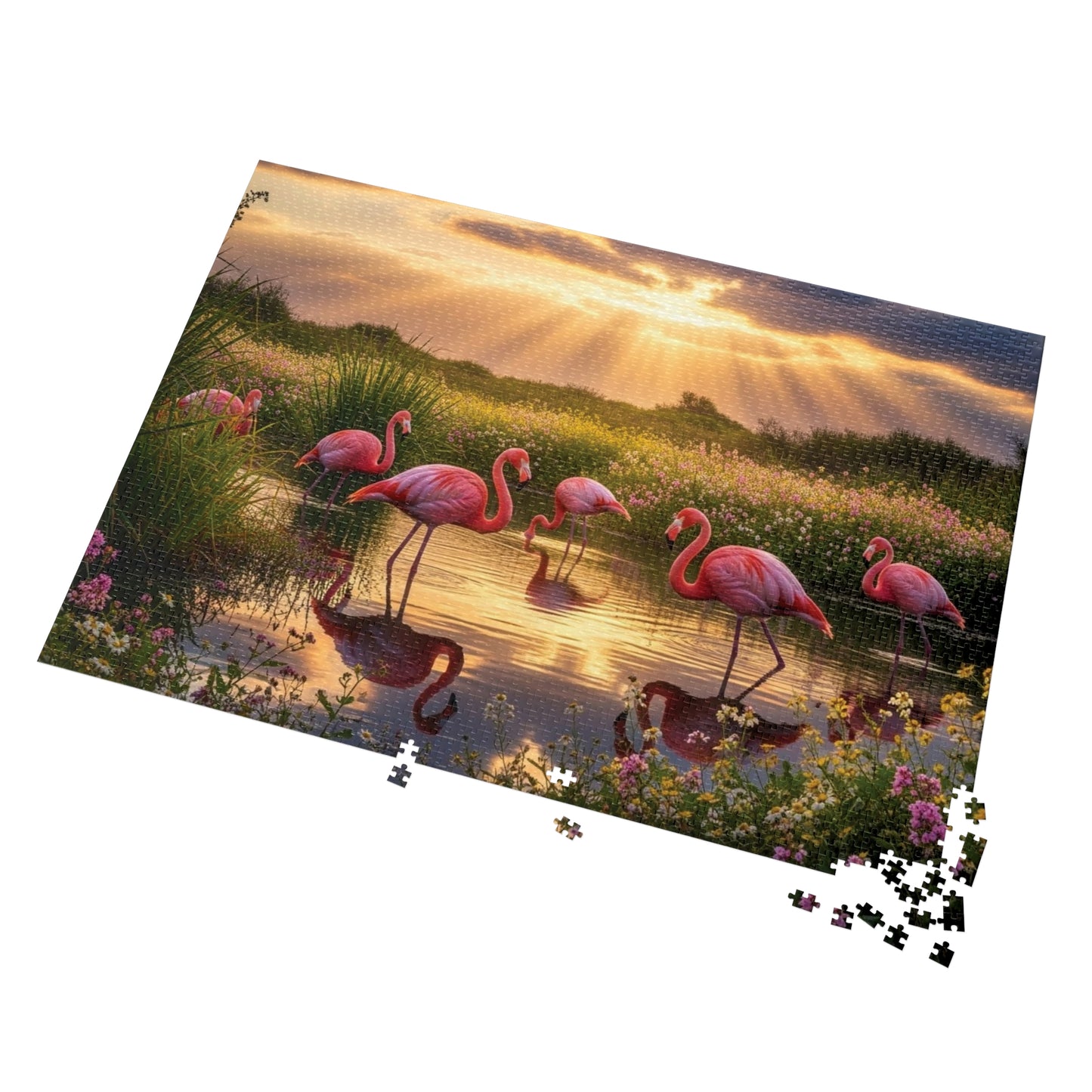 Flamingo Sunset Paradise Jigsaw Puzzle | Serene Nature Wildlife Scene at Golden Hour