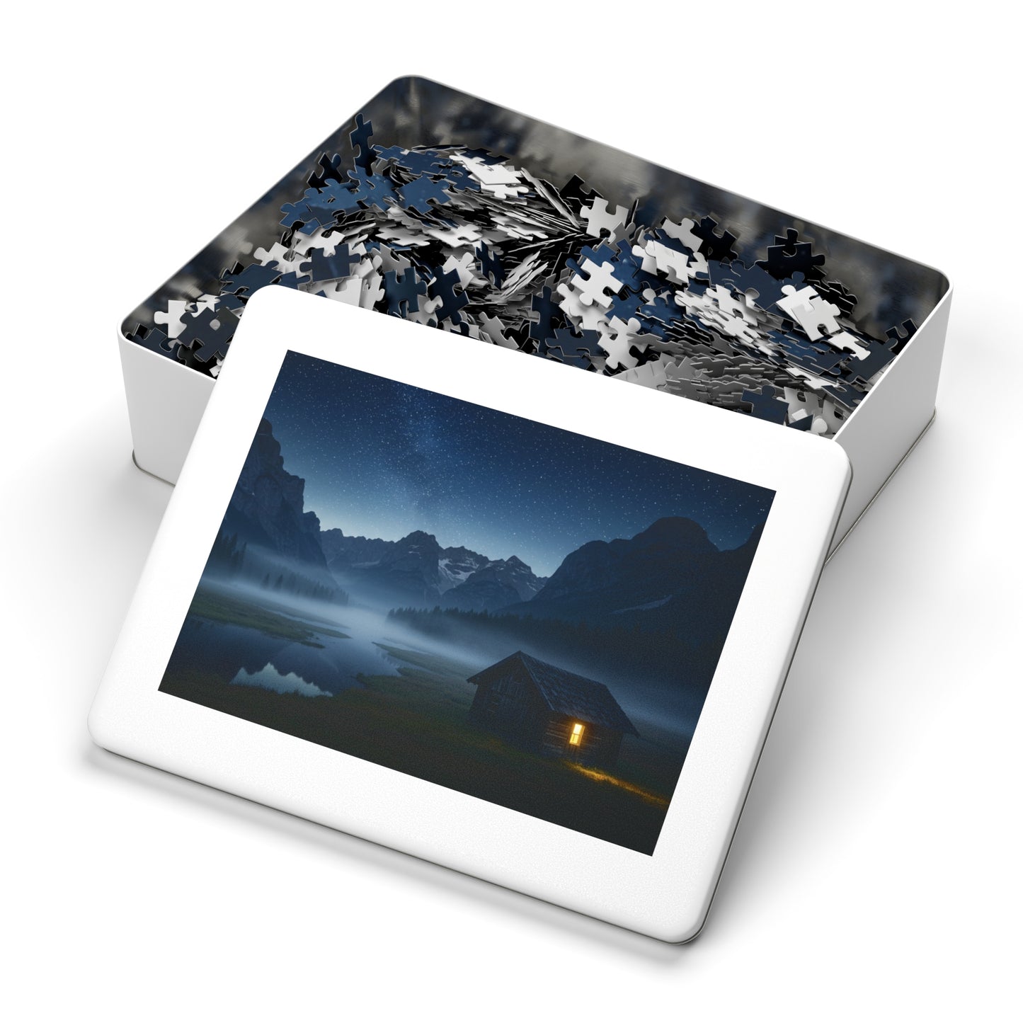 110, 252, 500, 1000, 2000 Starry Night Cabin Puzzle, Tranquil Nightscape Puzzle, Nighttime Cabin Under Stars, Twilight Mountains and Lit Cabin, Foggy Valley and Star-Filled Sky, Wilderness Cabin Puzzle