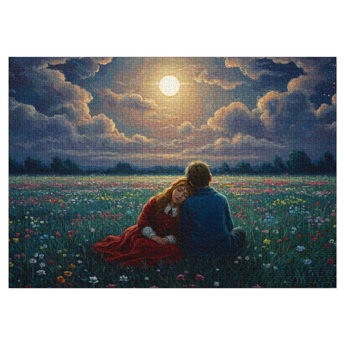 110, 252, 500, 1000, 2000 Romantic Moonlight Jigsaw Puzzle, Starry Night Romance Puzzle, Couple Under Moonlight in Meadow, Lovers Resting in Flower Field