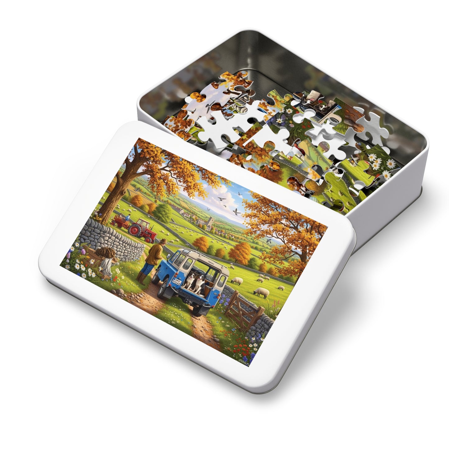 Autumn Countryside Farm Jigsaw Puzzle with Dogs, Tractor & Village