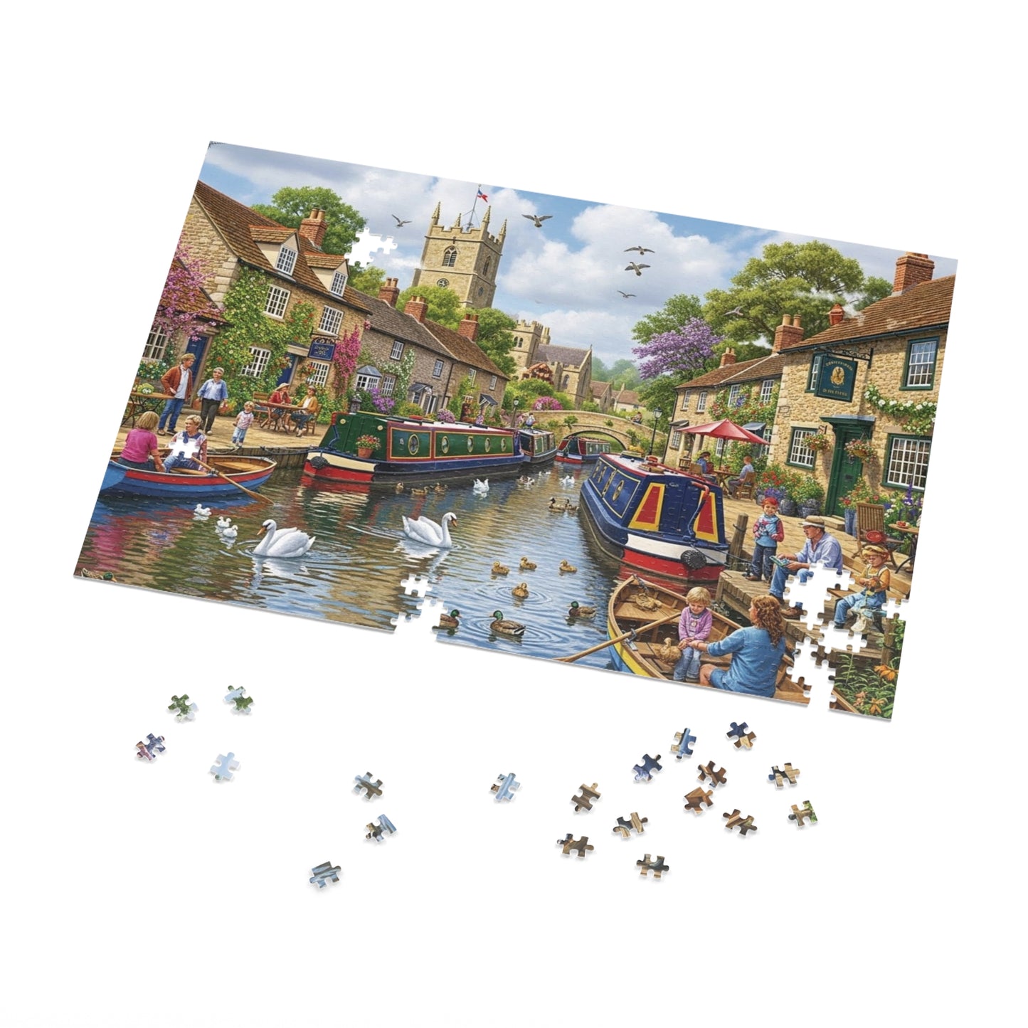 Canal Village Jigsaw Puzzle with Boats Swans and Cottages