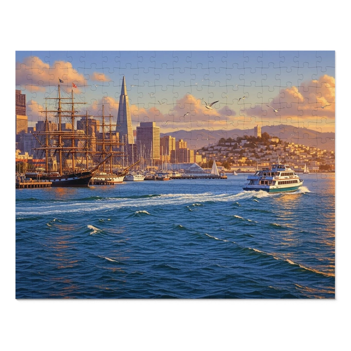 Coastal City at Sunset Jigsaw Puzzle | Nautical Waterfront Art