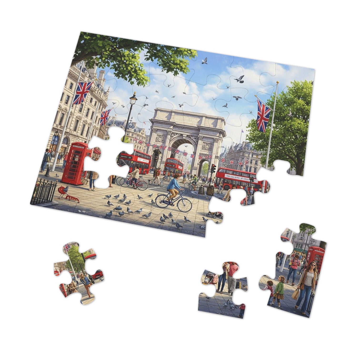 Historic London Arch Jigsaw Puzzle with Red Buses Cyclists and Crowds