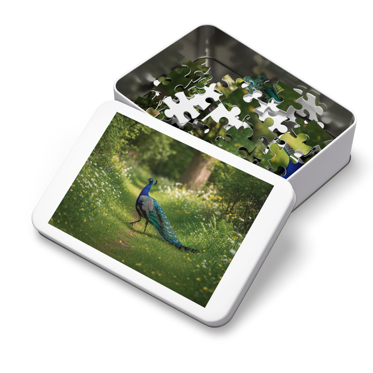 Peacock in Wildflower Garden Jigsaw Puzzle (with Tin) — 500-Piece Nature Puzzle Gift