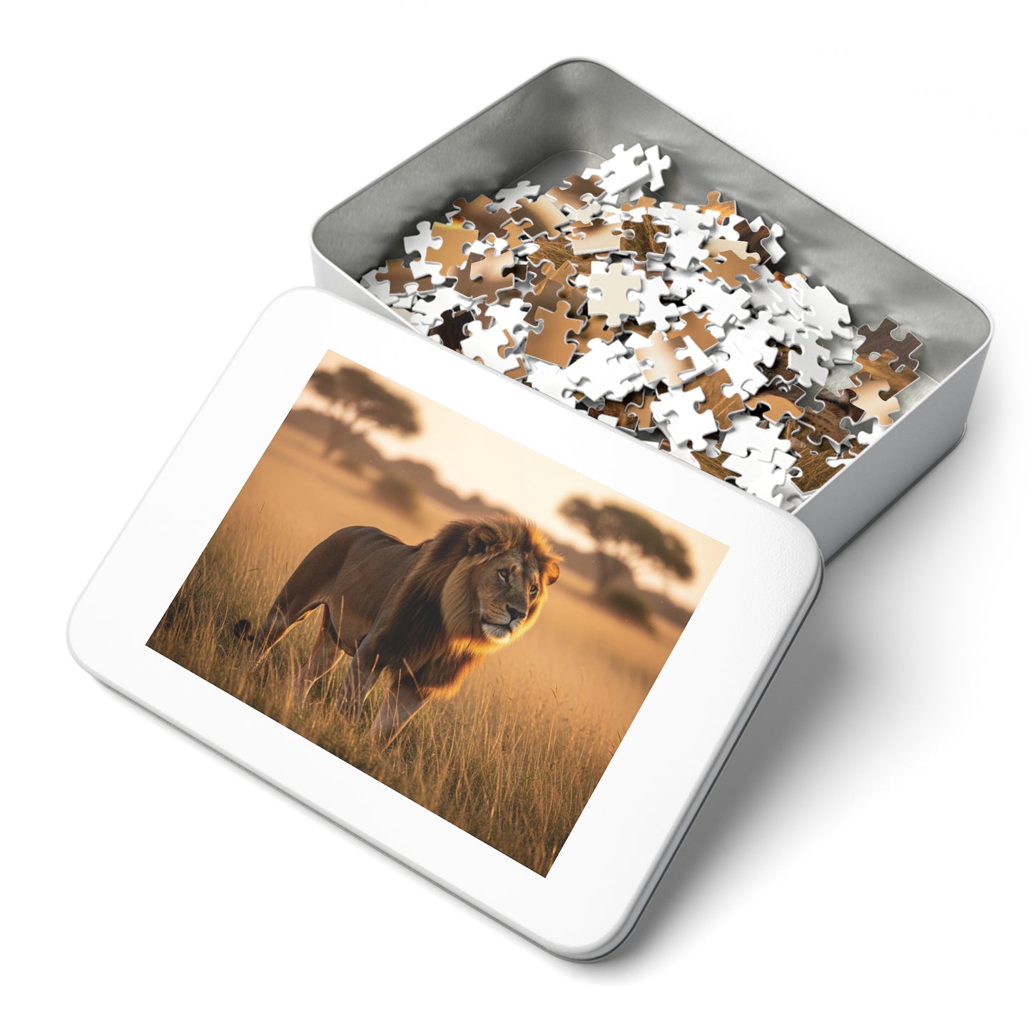 Lion in Golden Savanna Jigsaw Puzzle (with Tin)