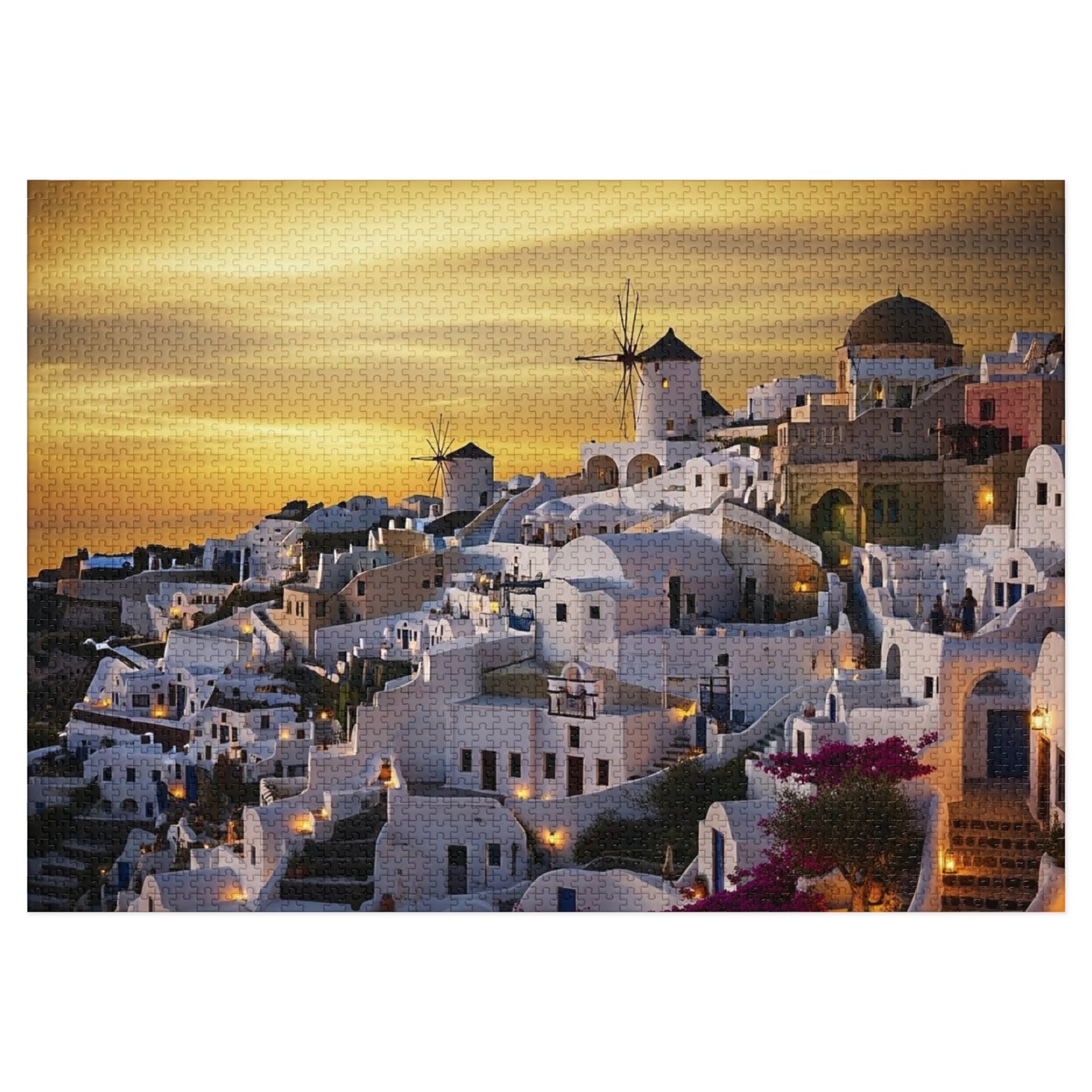 Santorini Sunset Village Jigsaw Puzzle 🌅 Whitewashed Homes, Windmills & Golden Aegean Evening
