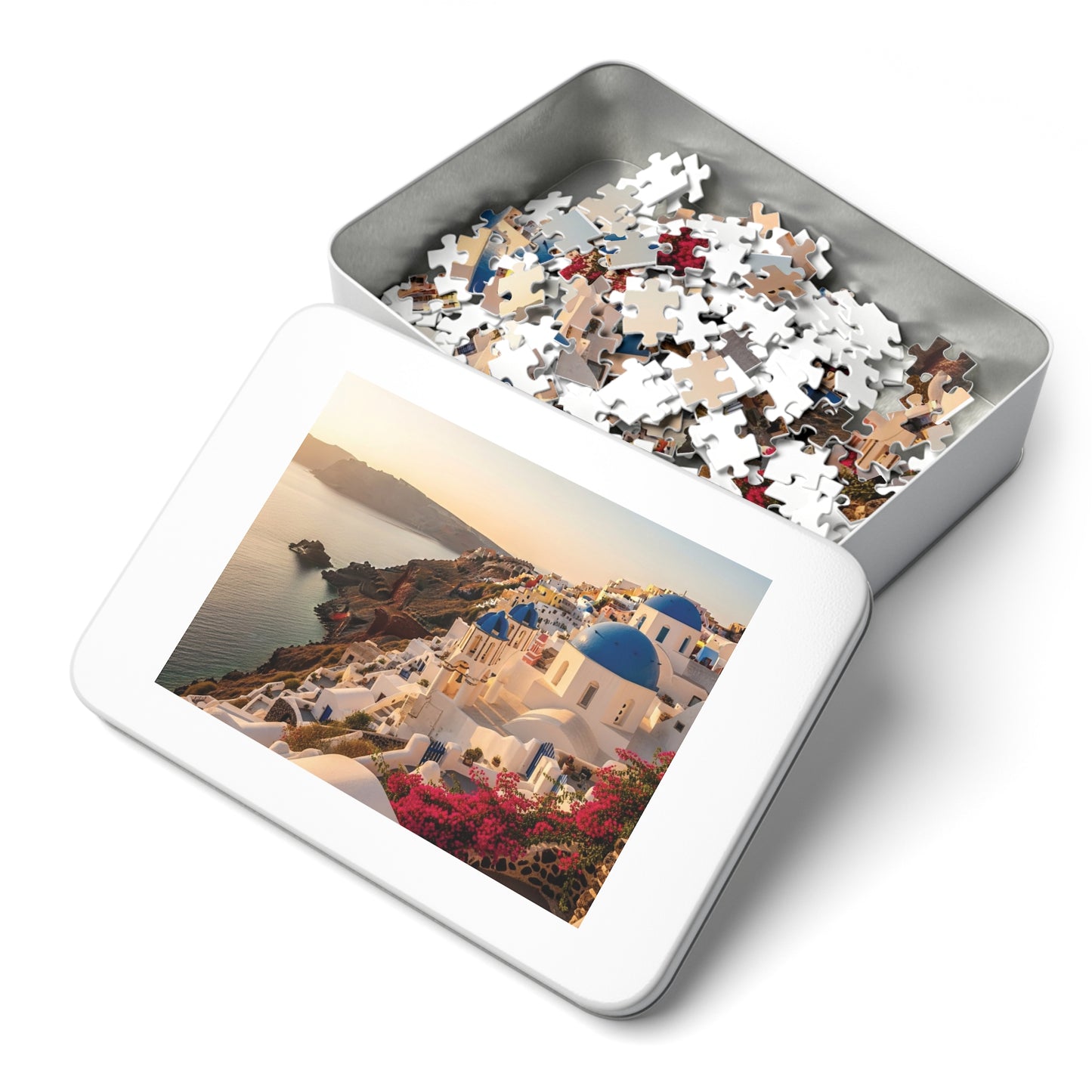 Santorini Sunset Cliffside Jigsaw Puzzle ☀️ Blue Domes Over the Aegean Sea