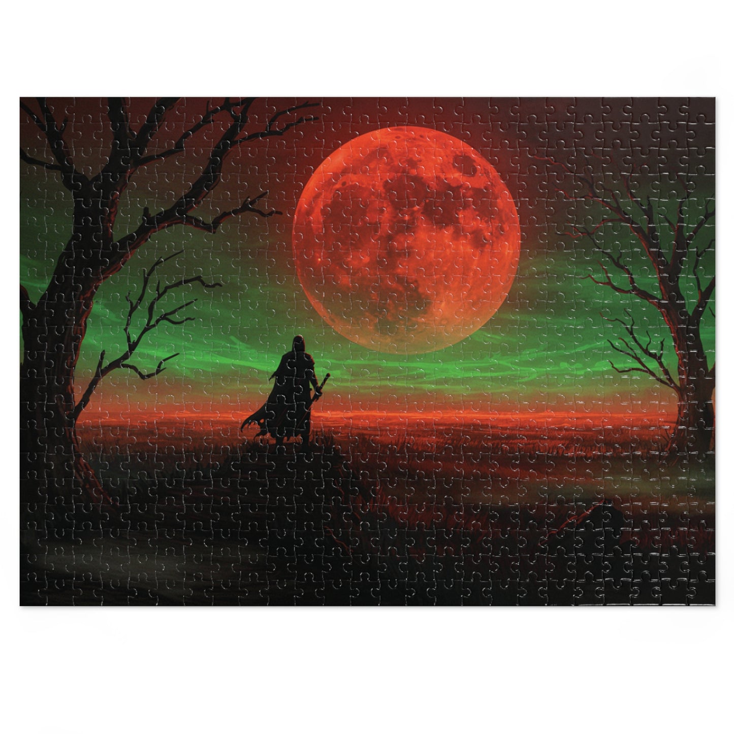 110, 252, 500, 1000, 2000 Mystical Red Moon Jigsaw Puzzle, Blood Moon Warrior Puzzle, Apocalyptic Red Moon Puzzle, Shadow Path Puzzle, Dark Fantasy Puzzle, Crimson Sky Puzzle
