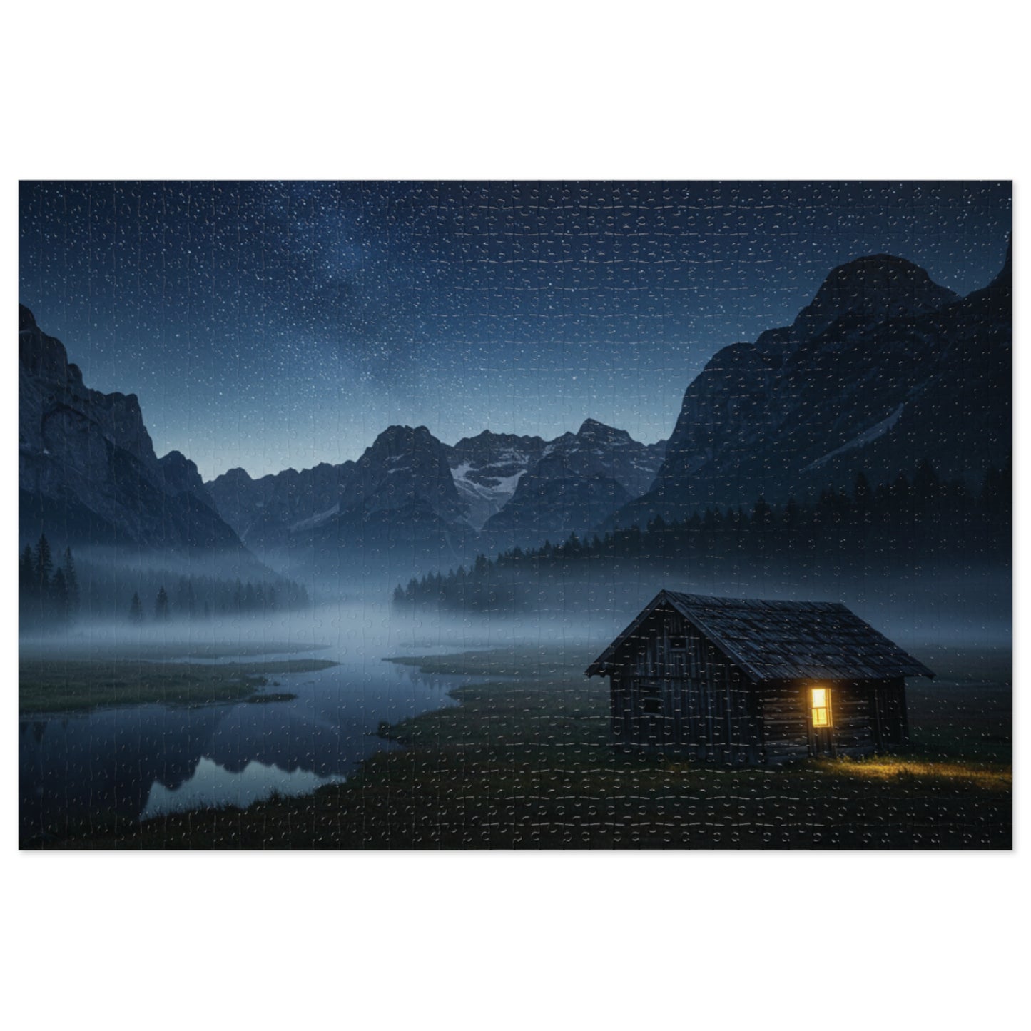 110, 252, 500, 1000, 2000 Starry Night Cabin Puzzle, Tranquil Nightscape Puzzle, Nighttime Cabin Under Stars, Twilight Mountains and Lit Cabin, Foggy Valley and Star-Filled Sky, Wilderness Cabin Puzzle
