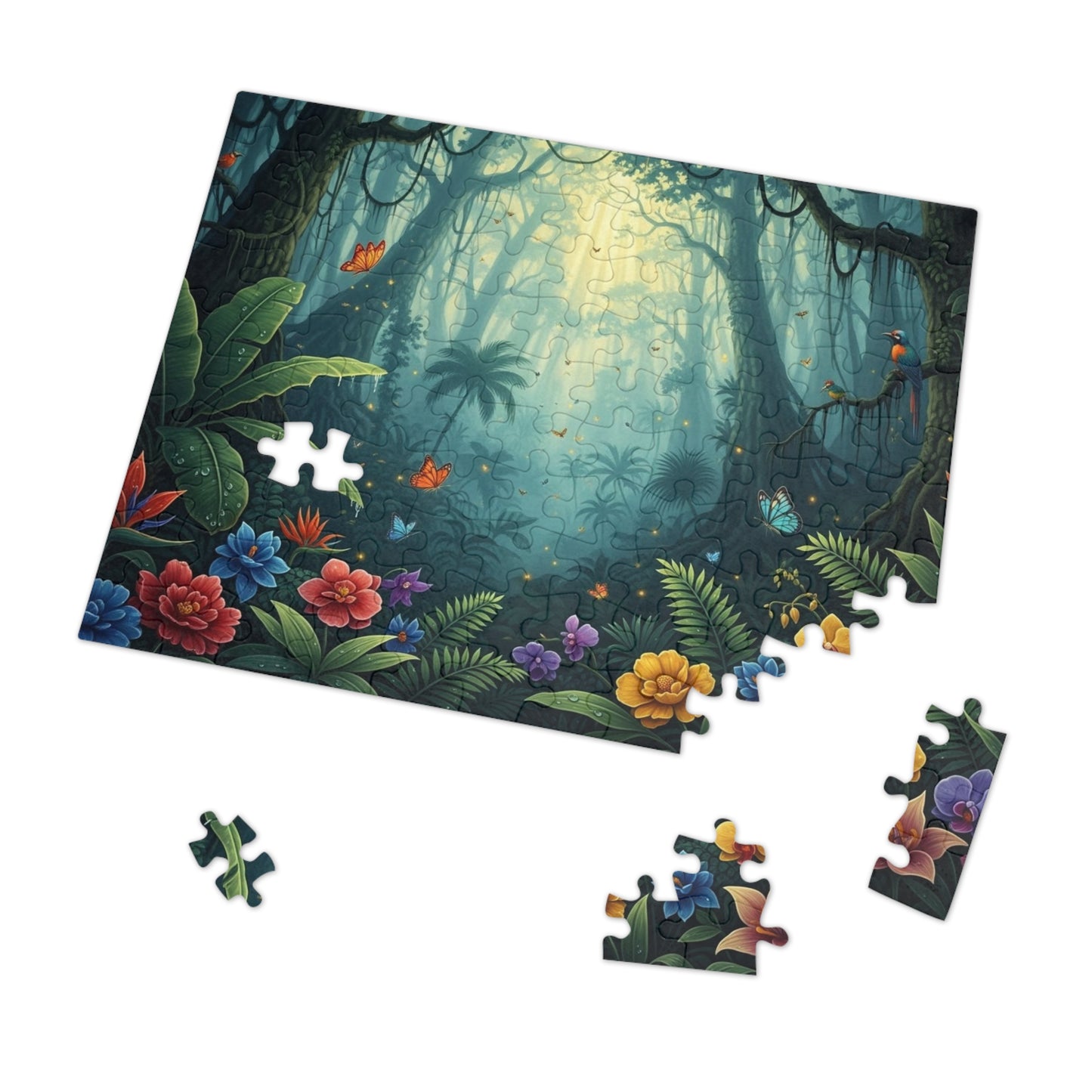 Enchanted Tropical Forest Puzzle with Butterflies, Exotic Flowers and Golden Light