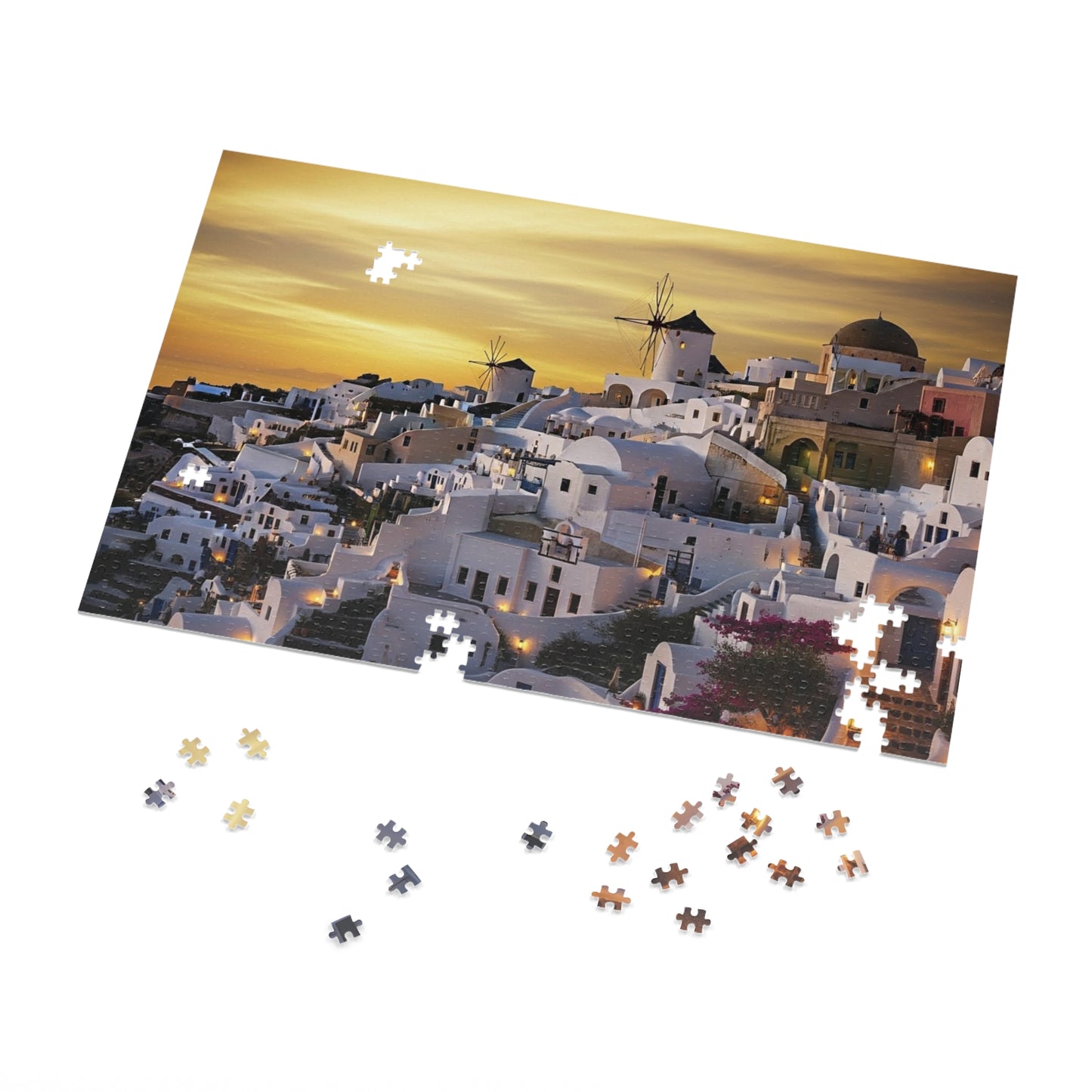 Santorini Sunset Village Jigsaw Puzzle 🌅 Whitewashed Homes, Windmills & Golden Aegean Evening