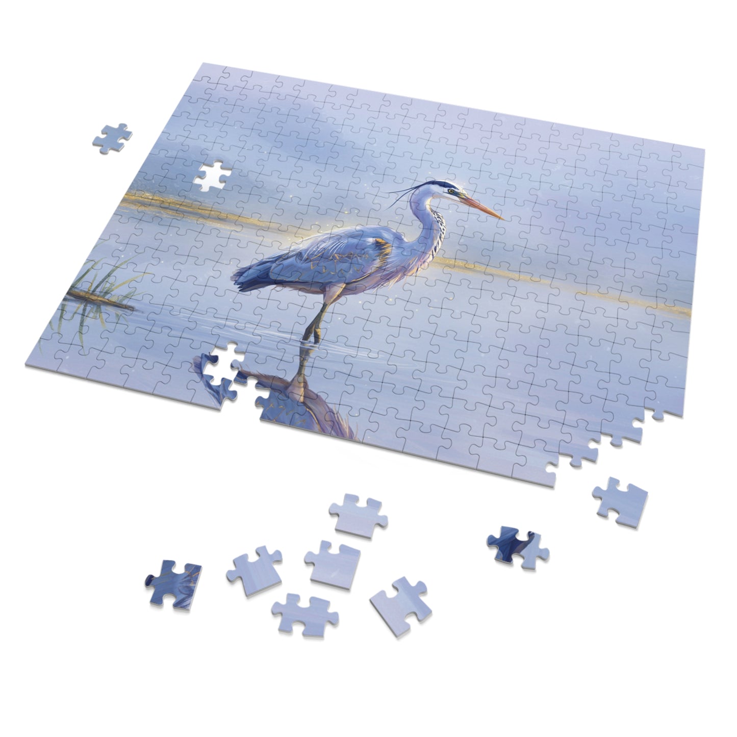 110, 252, 500, 1000, 2000 pc Heron Lake Jigsaw Puzzle, Elegant Bird Standing in Tranquil Waters, Peaceful Nature Puzzle, Tranquil Bird Puzzle