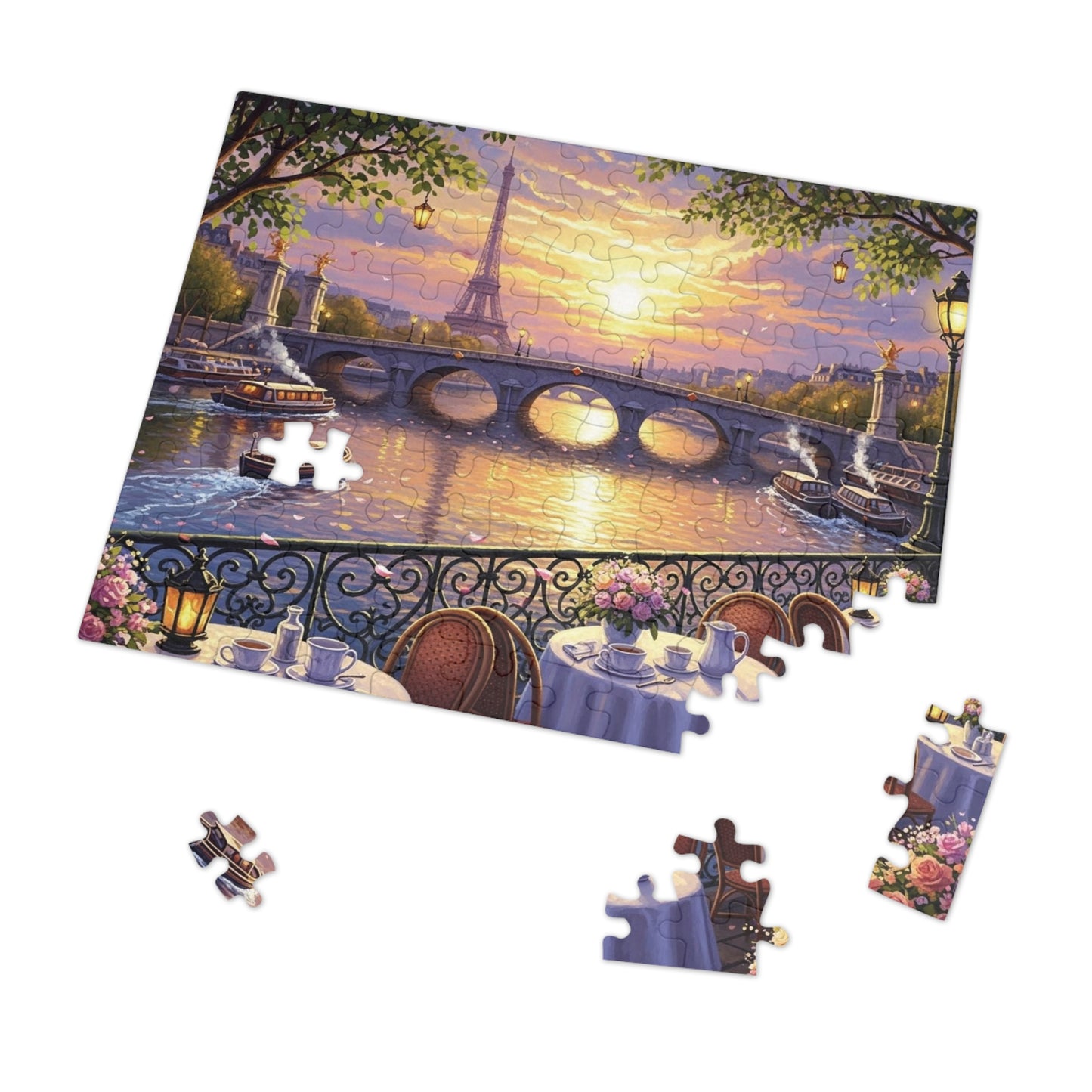 Eiffel Tower Sunset Over the Seine Puzzle | Paris Café Terrace Artwork