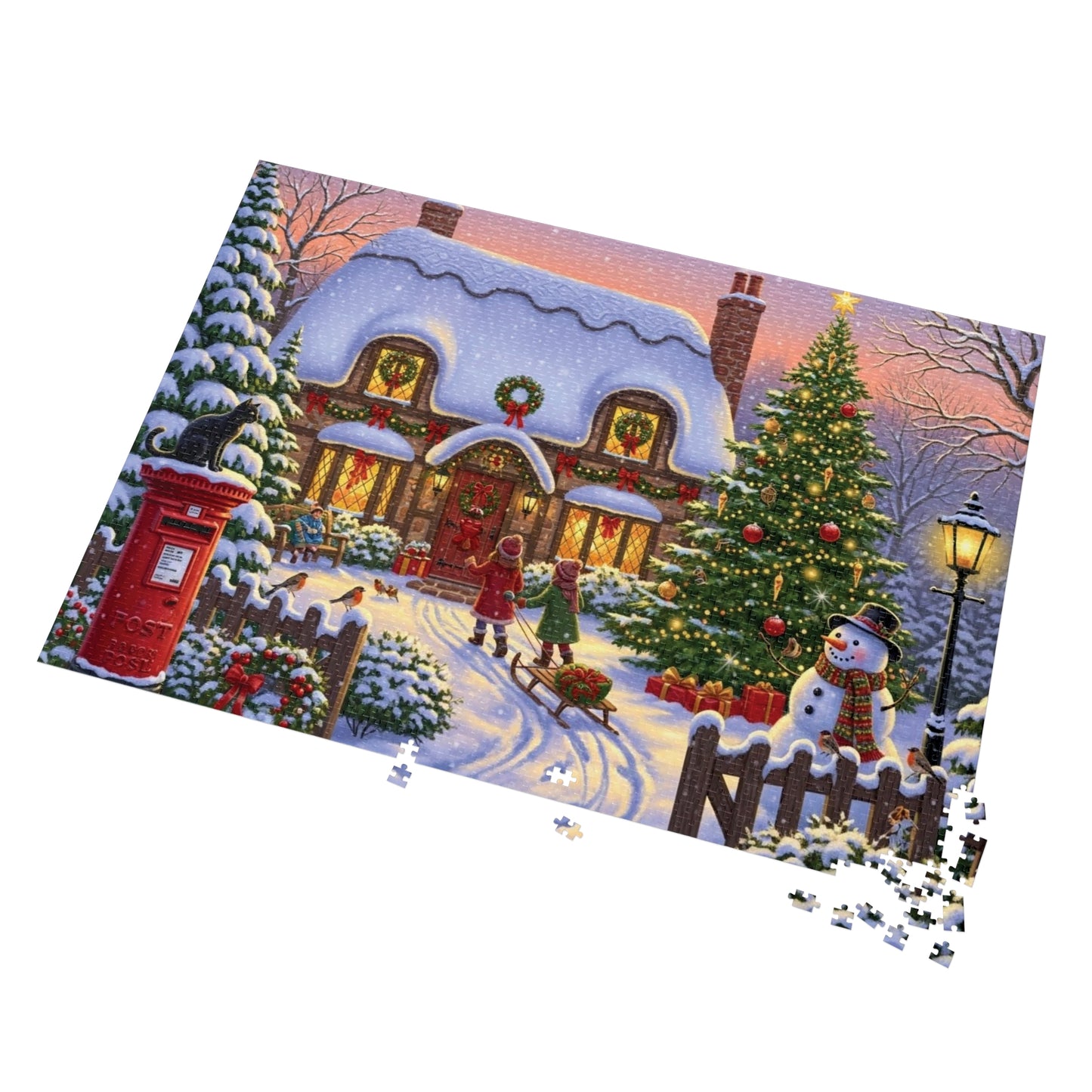 Christmas Cottage Jigsaw Puzzle with Tree Snowman and Sled