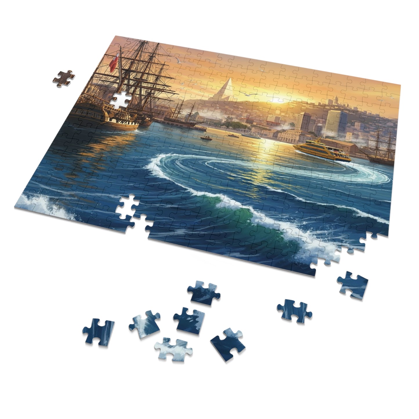 Sunset Harbor Jigsaw Puzzle |  Coastal City Sailing