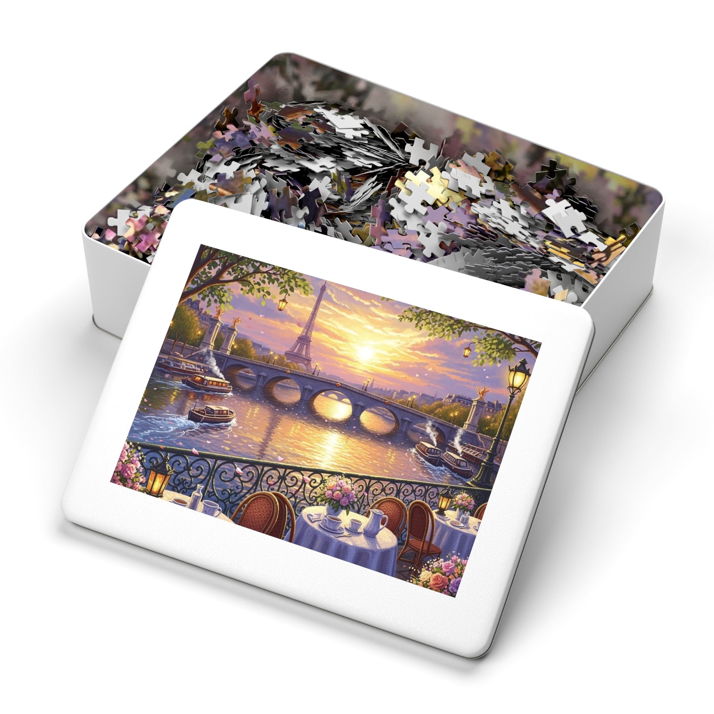 Eiffel Tower Sunset Over the Seine Puzzle | Paris Café Terrace Artwork