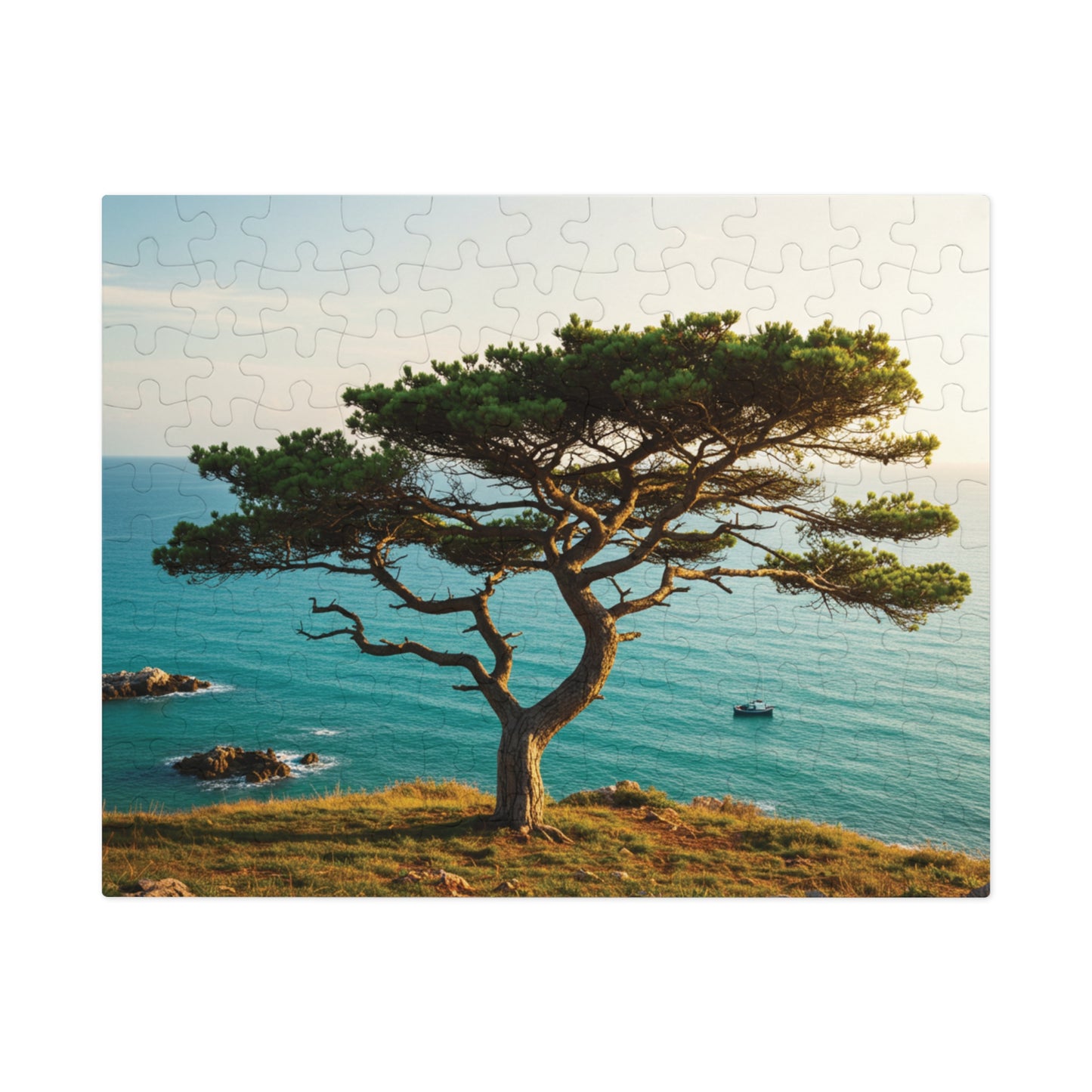 Coastal Tree & Ocean View Jigsaw Puzzle (110, 252, 500, 1000, 2000 pcs) – Serene Cliffside Scene in Gift Tin