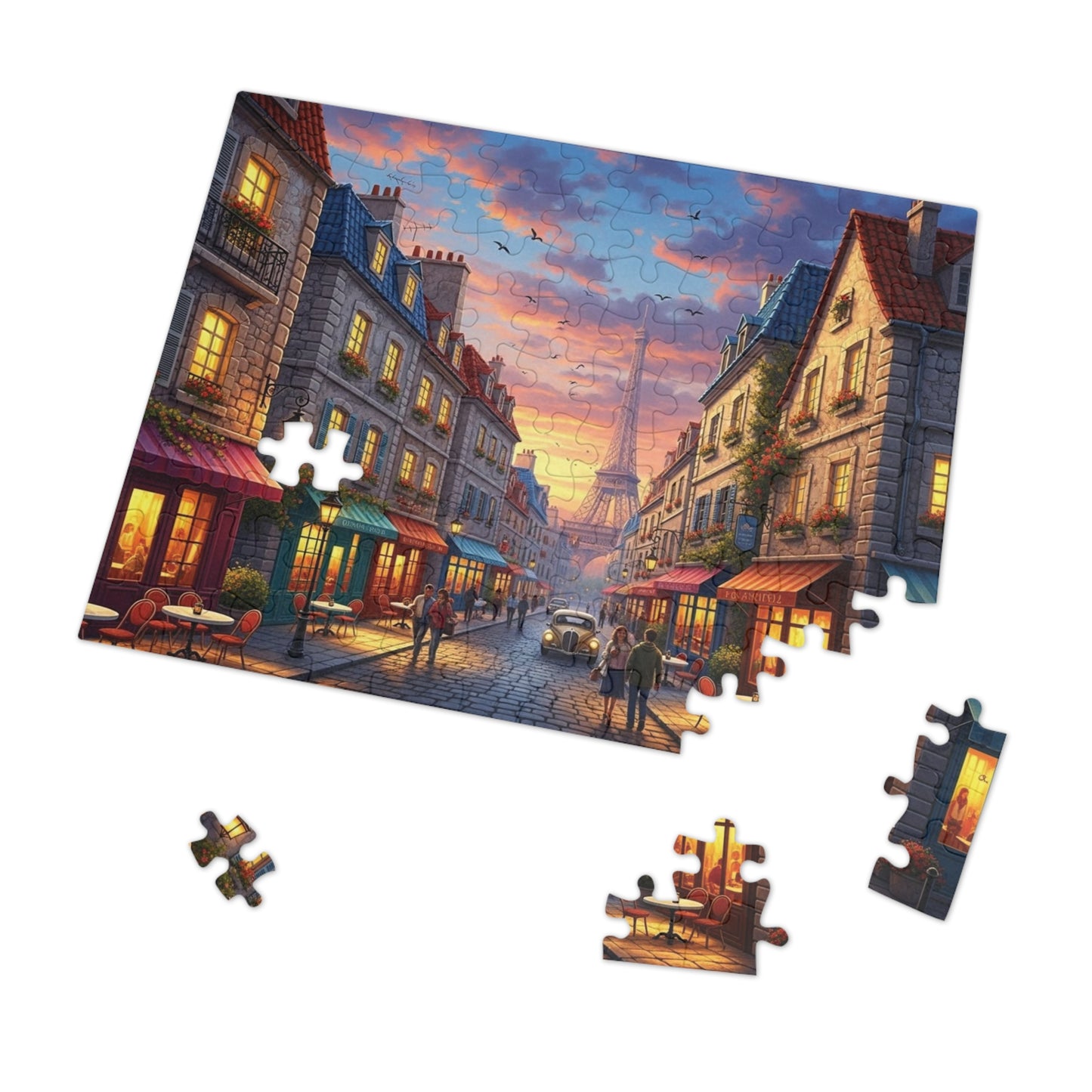Paris Sunset Café Street Jigsaw Puzzle with Eiffel Tower