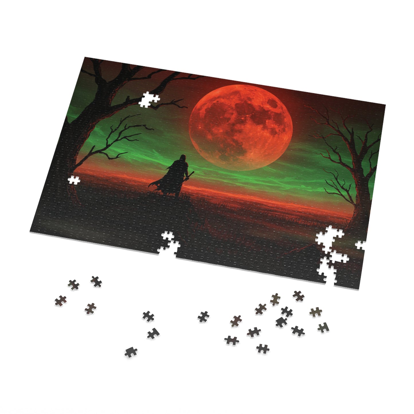 110, 252, 500, 1000, 2000 Mystical Red Moon Jigsaw Puzzle, Blood Moon Warrior Puzzle, Apocalyptic Red Moon Puzzle, Shadow Path Puzzle, Dark Fantasy Puzzle, Crimson Sky Puzzle