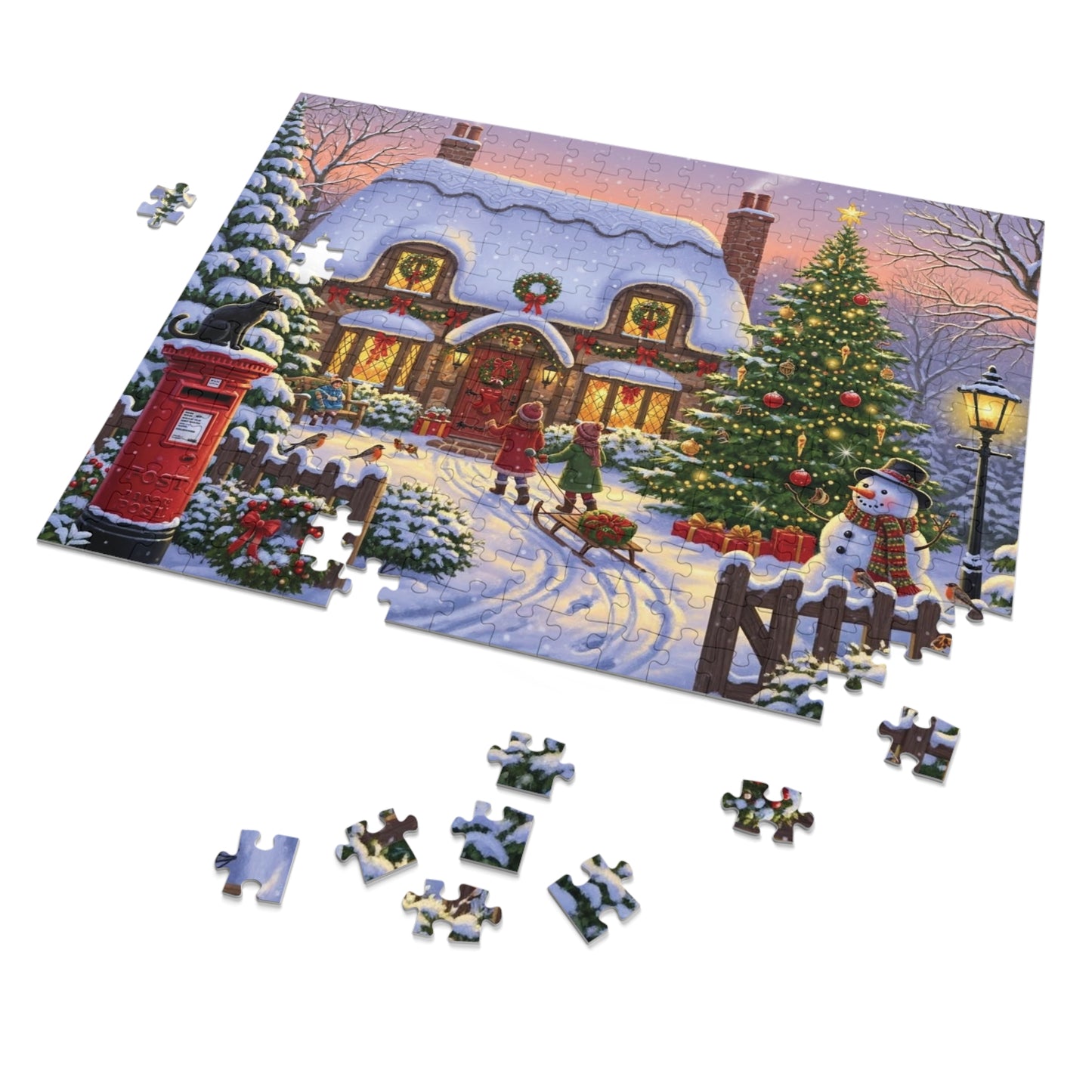Christmas Cottage Jigsaw Puzzle with Tree Snowman and Sled