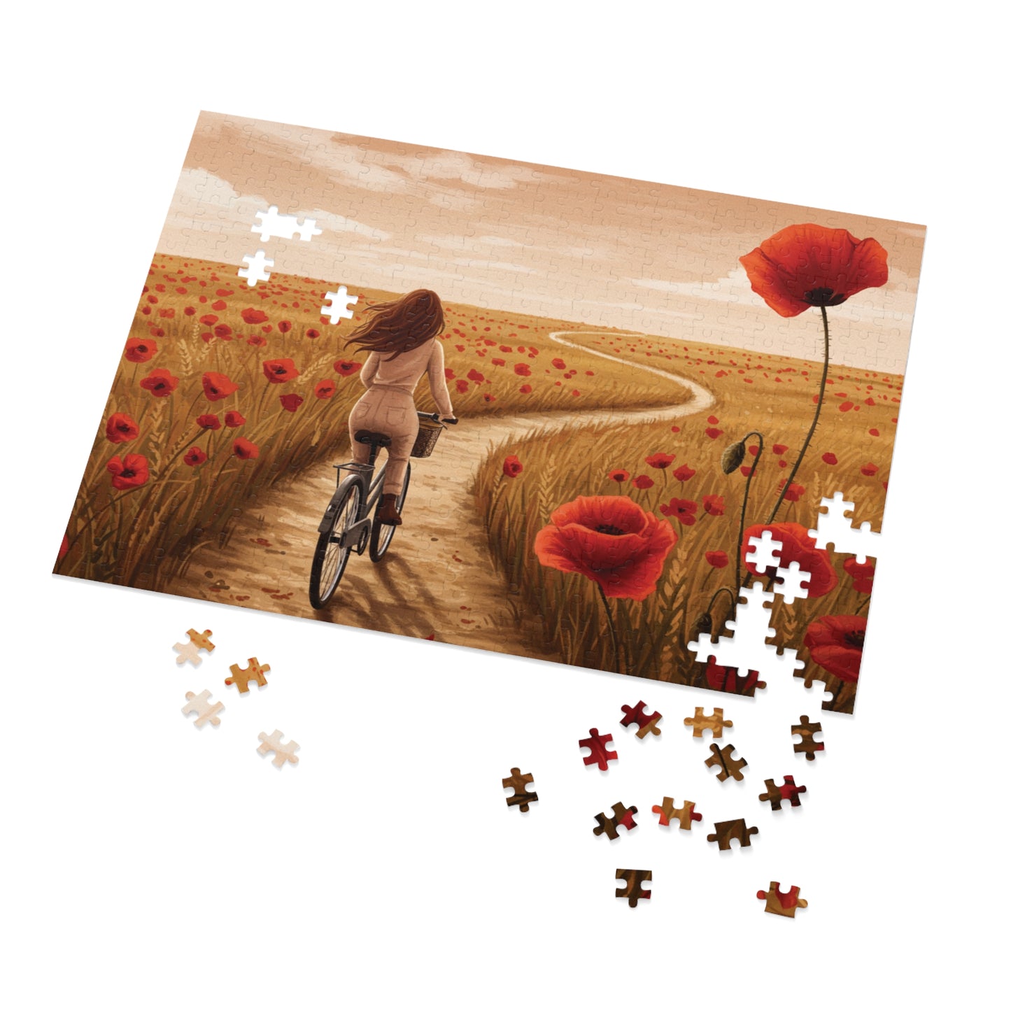 110, 252, 500, 1000, 2000 Golden Poppy Fields Jigsaw Puzzle – Serene Summer Bike Ride, Serene Poppy Fields Jigsaw Puzzle with Tin, Escape into Nature – Summer Cycling Puzzle with Flowers