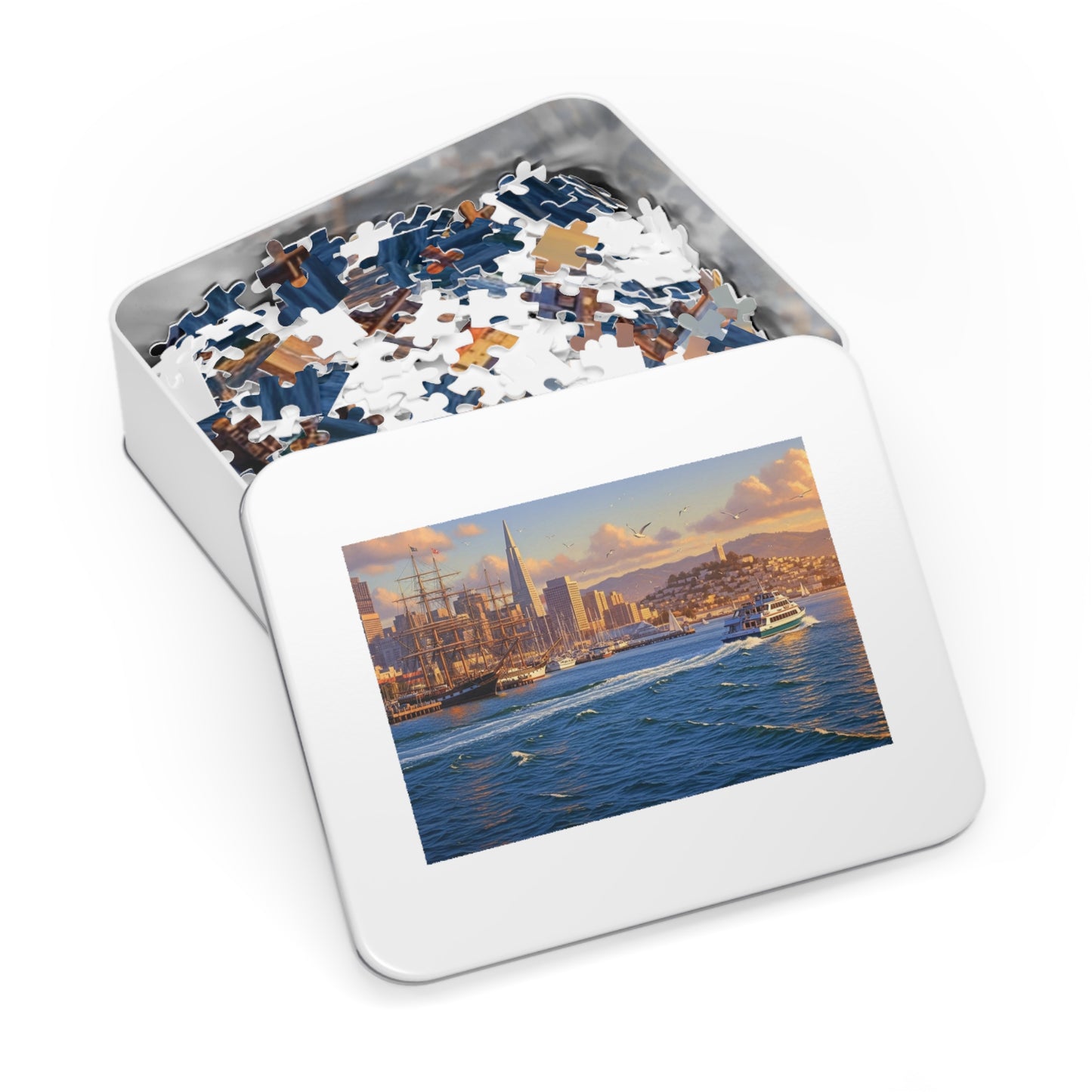 Coastal City at Sunset Jigsaw Puzzle | Nautical Waterfront Art