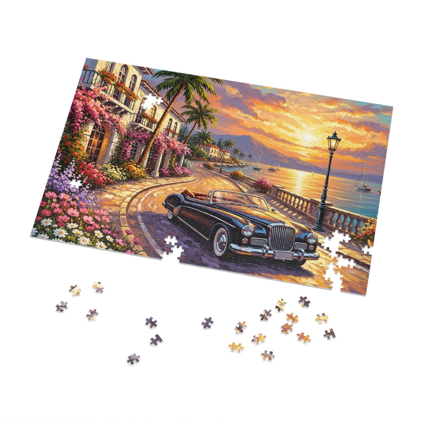 Vintage Convertible Coastal Sunset Jigsaw Puzzle