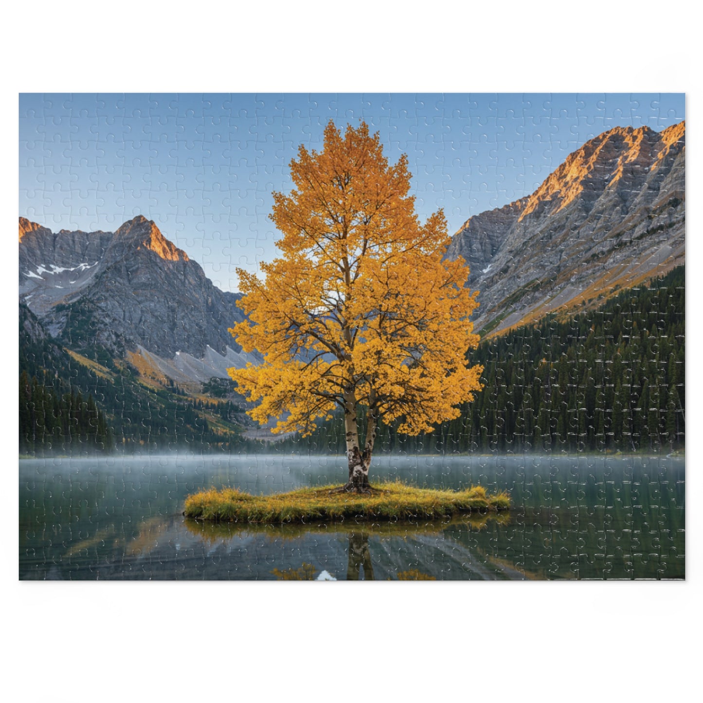 110, 252, 500, 1000, 2000 Autumn Landscape Jigsaw Puzzle with Tin, Golden Autumn Tree Lake Puzzle, Autumn Tree & Calm Waters, Misty Lake and Rocky Peaks Jigsaw