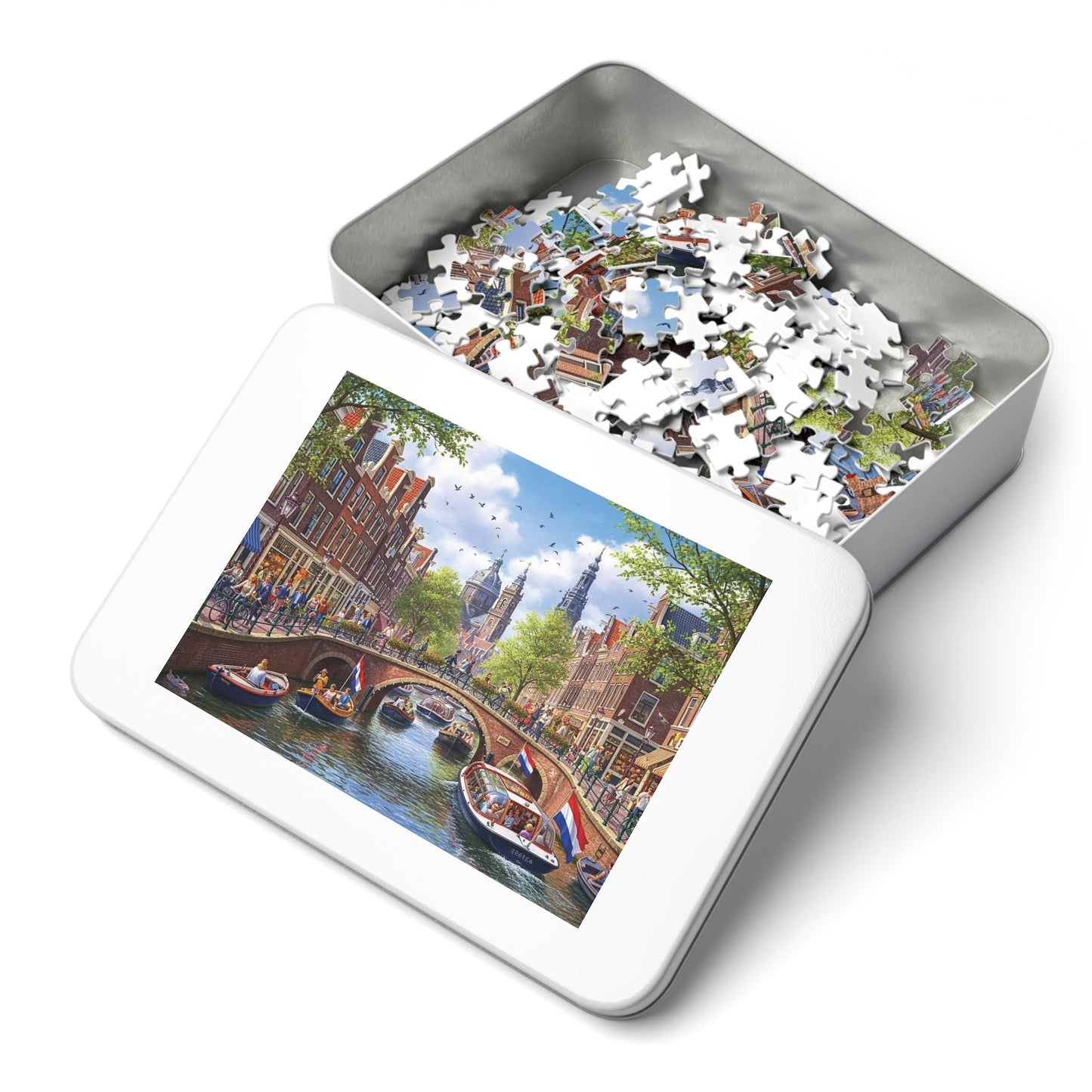 European Canal City Jigsaw Puzzle Scenic Bridge and Boat Scene